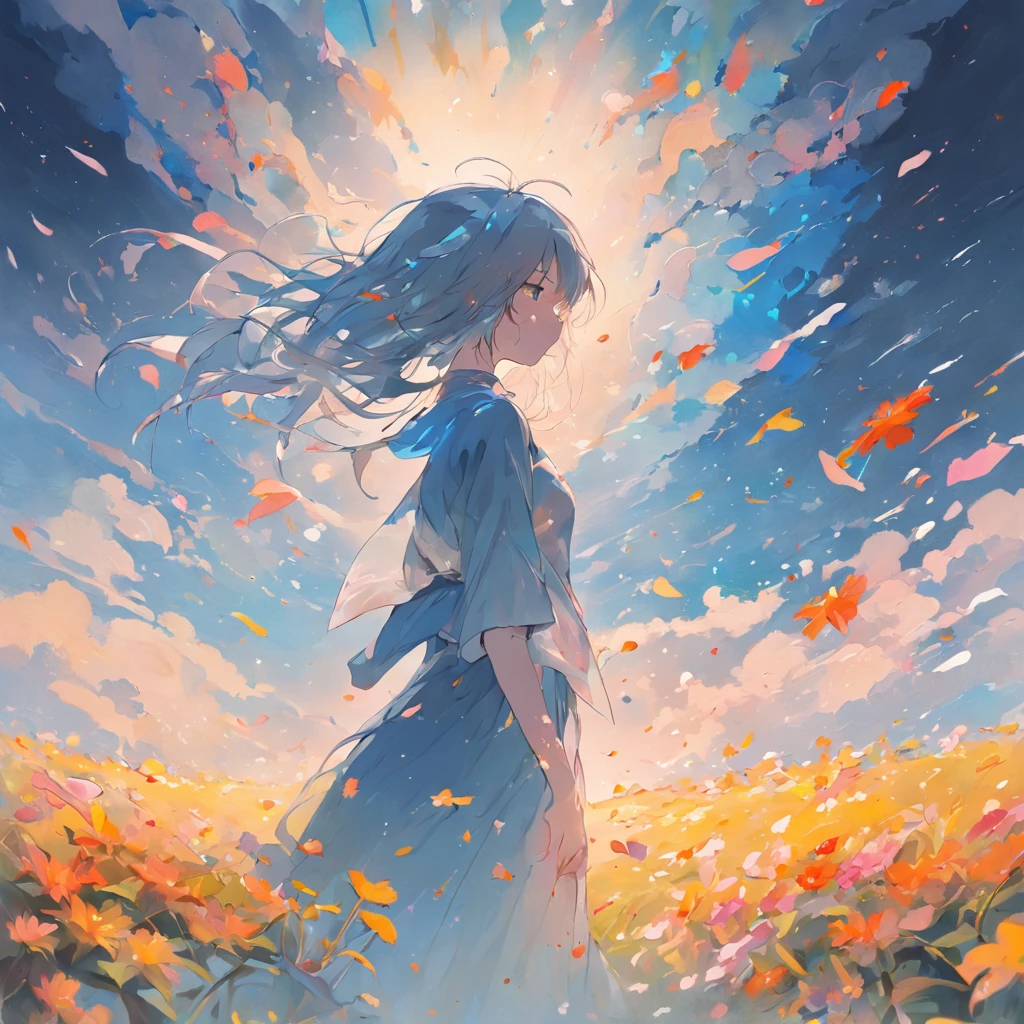 Of course。I changed it to the following。
Under the blue sky、Colorful flowers swaying in the wind々is blooming gracefully。In one corner、Silhouette of a woman with closed eyes stands。Her hair is painted with a touch of blue watercolor、It is gently fluttered by the gentle breeze。This landscape is like a painting.、Bright colours and delicate details draw the viewer in.。Movie light effect projected in 4K resolution、It creates beautiful lights and shadows。