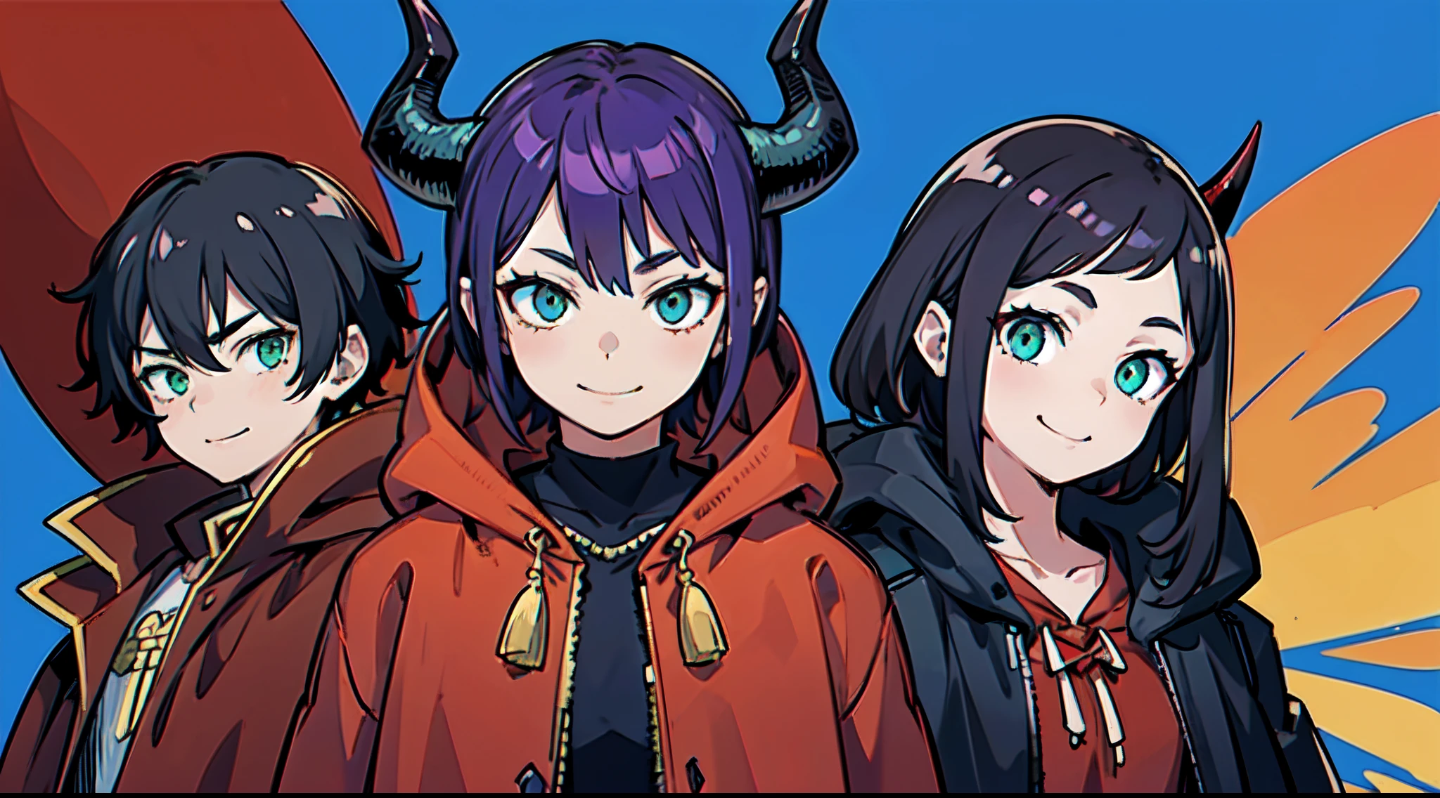 top-quality、masterpiece、((Deformed))、Boy with short purple hair、Green eyes、demonic horns、A smile、red cloak、Composition that reflects the whole body、Game Distribution、Thumbnail image、Blue background