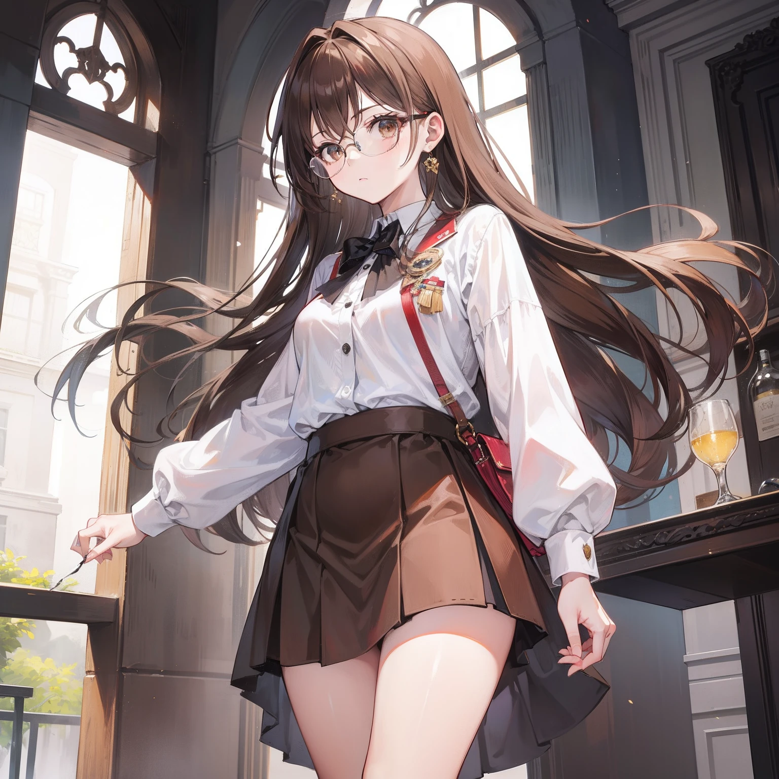Long brown hair,Brown hip skirt,Royal sister with glasses