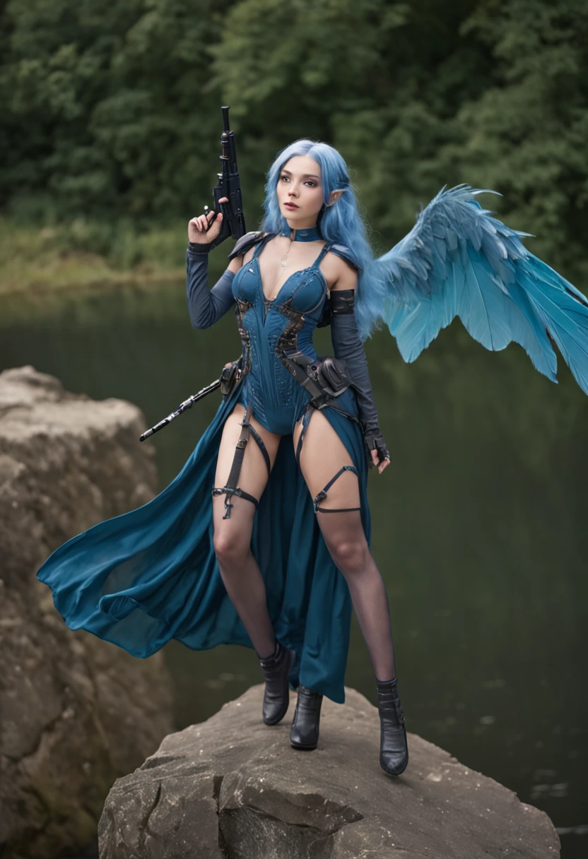 a girl,, 1, blue hair, transparent wings, (holding weapon:1.3), standing at the edge, floating islands, looking down, venusbody,