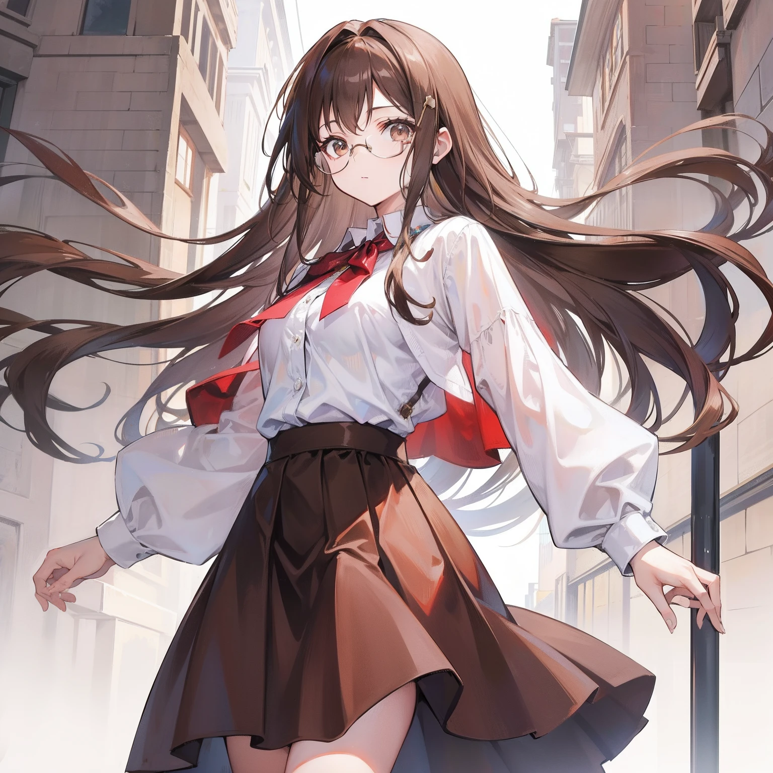 Long brown hair,Brown hip skirt,Royal sister with glasses