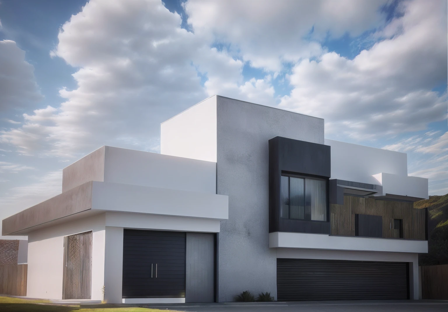 Rendering of a modern house with garage, porta de vidro, peitoris de vidro, 3D rendering, Fachada minimalista, architectural render, super detalhada, renderizar no vray, acabamentos em tinta branca, madeira, concreto