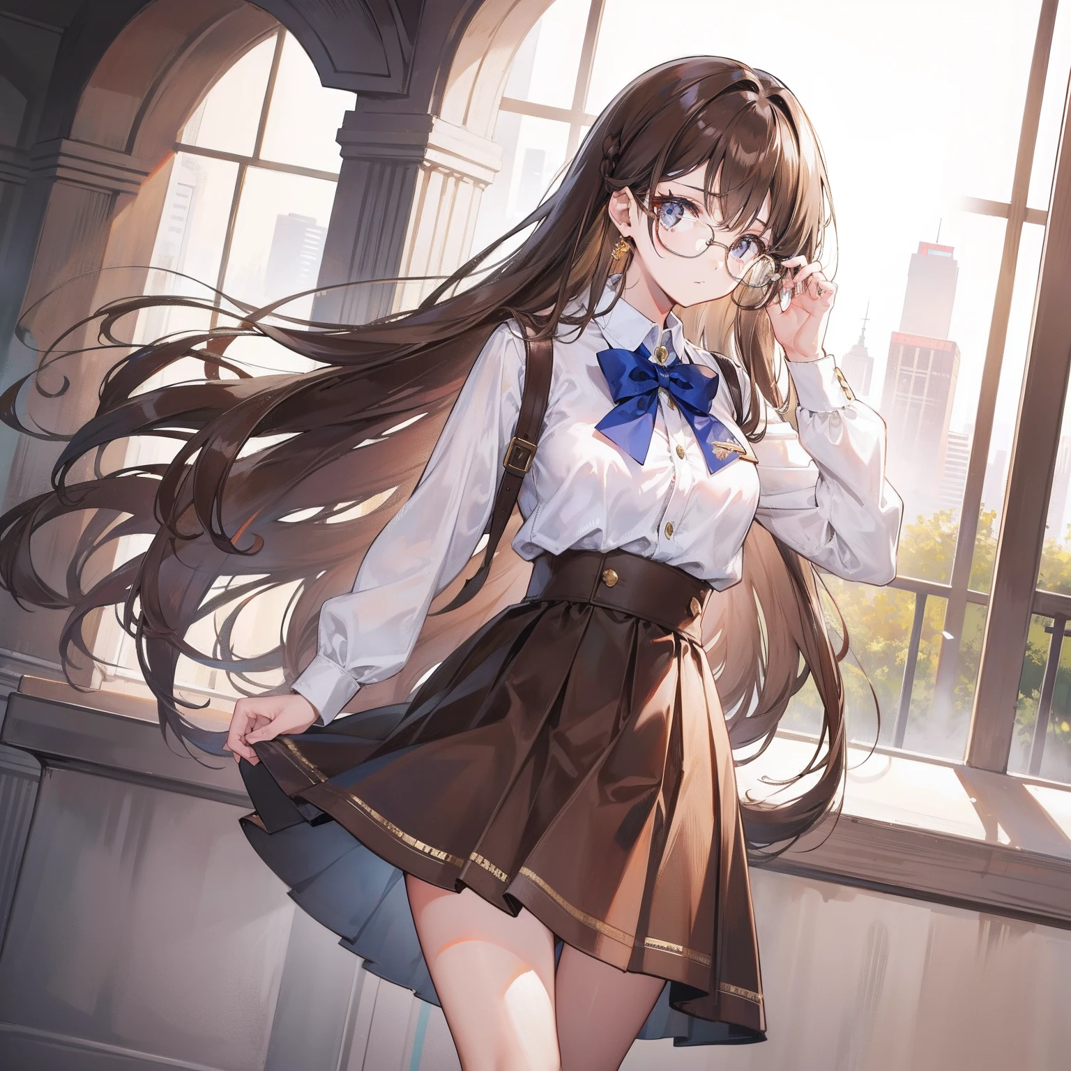 Long brown hair，Brown hip skirt，Royal sister with glasses