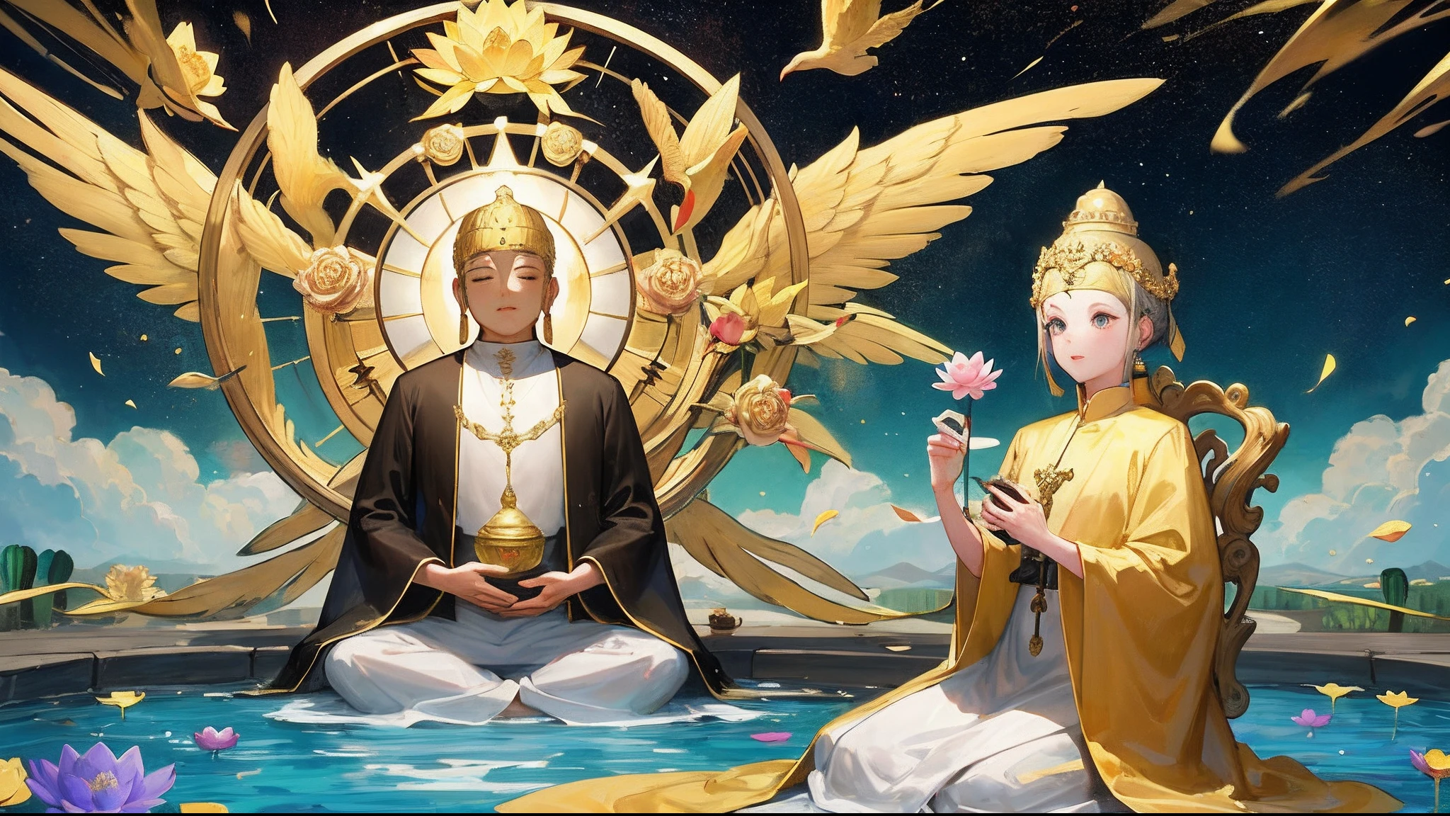 Create an image of a starry sky galaxy with blue and golden shades from a golden Buddha statue 。Buddha is a little fat,Wearing a cassock,Buddha sits on a lotus flower,Lotus flowers in the pool,lotuses。Behind the Buddha is a large golden phoenix