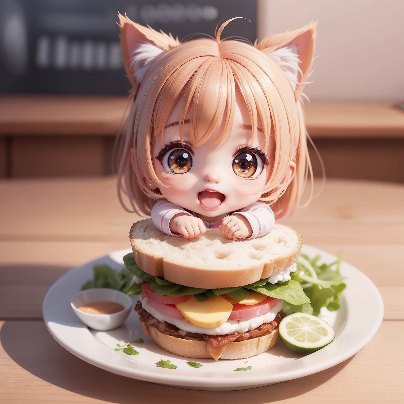 Cute Baby Chibi Anime,（（（Super masterpiece、top-quality、ultra-detailliert、1 Cat Girl、Chibi：1.5））、Chibi Kitchen、Lunch、sandwich、salad、Food is on a plate、Milk is in a glass、A detailed face、Smile with open mouth、（Chibi：1.4）、8ｋ