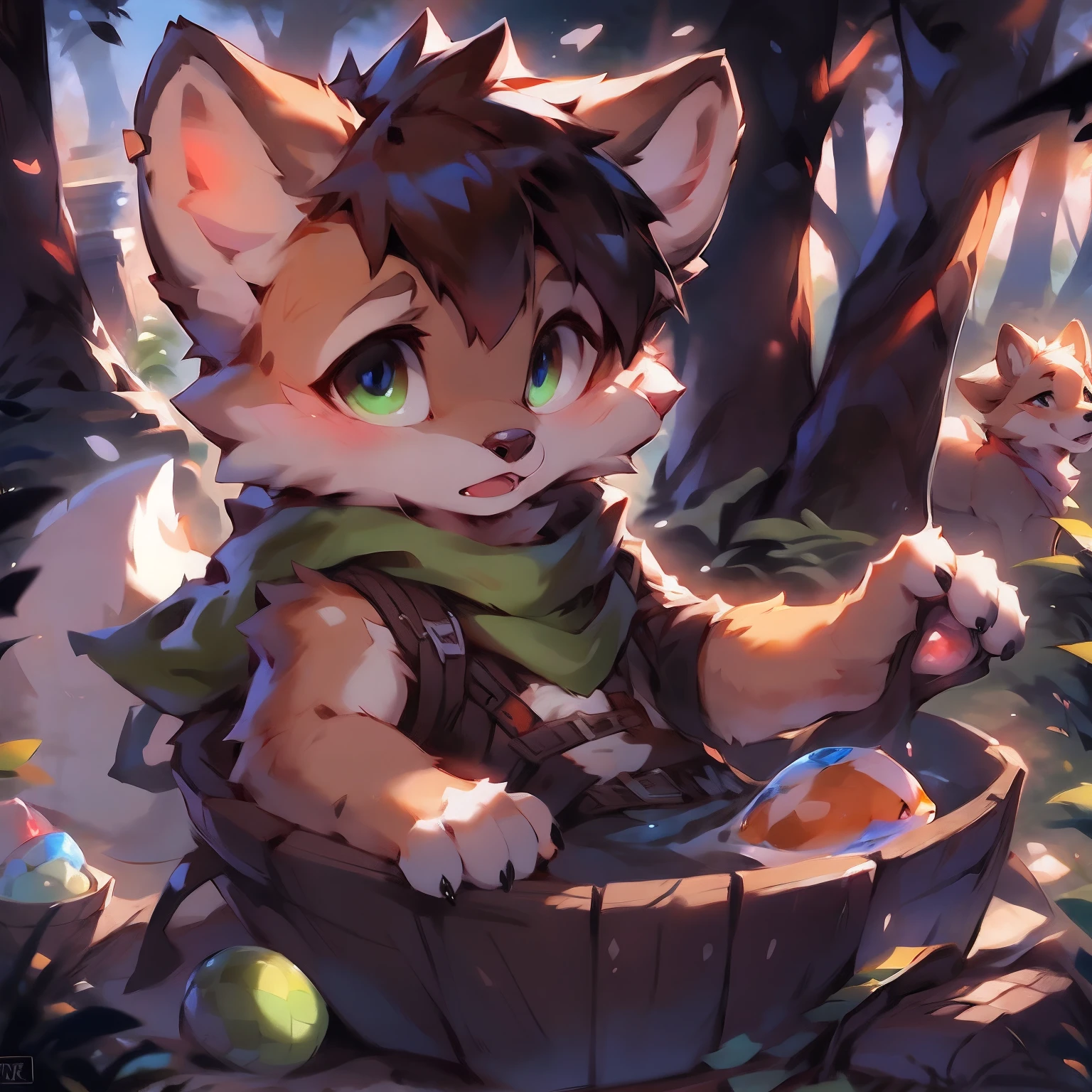 A curious male tiger cub pokes its head out of a cozy fox nest in the forest. He has orange fur, bushy tail, And cheer up the big fluffy ears. He wears the green adventurer's hat and scarf. His eyes were bright and surprised as he looked out of the study in the lush woods。, with a sunbeam coming through the trees. Small birds fly nearby，And in the distance there was a deer passing by. The fox cub was excited, Desire to express, Get ready to explore the outside world.
break
anthropology,Furry,feral,(Digital media \(artwork of a\):1.2),(hi，It's nothing,absurd res:1.2),Perfect anatomy,Anatomically correct,Detailed,Detailed face,Detailed eyes,(Realistic fur,Detailed fur:1.25),Detailed background,amazing background.
Break
(author：Puinki \(artist\):1.2),(author：Unreal Land,author：Sumi Kuroi,author：Milk Tiger 1145,author：Morkey,author：Emolga 1,Through the egg capsule:1.2),(author：Xia Huaiting:0.8),(by Pino Daeni:0.8),(by Hioshiru:0.8),(by Chunie:0.8).