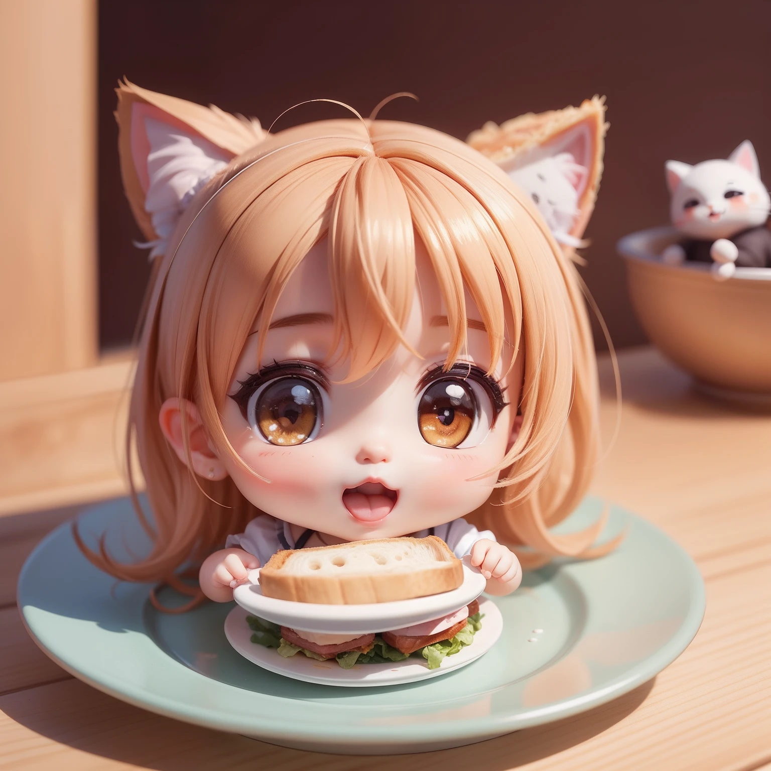 Cute Baby Chibi Anime,(((Super masterpiece、top-quality、ultra-detailliert、1 Cat Girl、Chibi:1.5))、Chibi Kitchen、Lunch、sandwich、salad、Food is on a plate、Milk is in a glass、A detailed face、Smile with open mouth、(Chibi:1.4)、8k