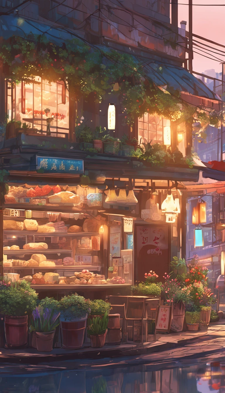City flower shop, potted plants, flower, rainny night,water reflection puddle,oriental design, hanging lights , digital painting, sunset,wind up,concept art, illustration, intricate, many people, hanging lights, happy, beautiful colorful light, flower, plants ((tileset)) Anime - City street style scene, a woman waiting in front of a store, anime background art, detailed scenery - width 672, anime landscape concept art, anime style cityscape, Studio Ghibli anime style, Studio Ghibli art style, Studio Ghibli program, anime landscape, Studio Ghibli art style, Landscape artwork, Beautiful anime landscape, Forest city street, Ghibli art style, cake shop, cake shop, bakery cake shop, Makoto Shinkai style, Makoto Shinkai anime, Shinkai Makoto art style