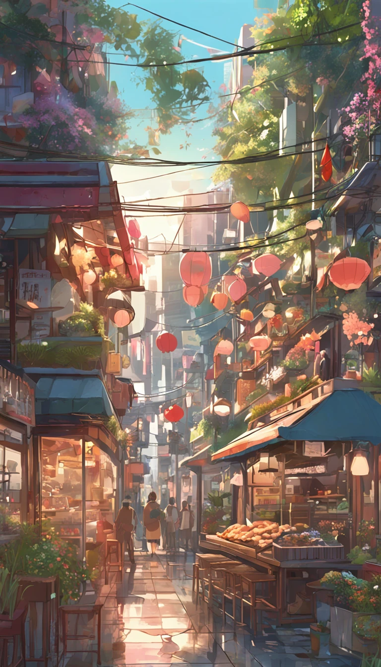 City flower shop, potted plants, flower, rainny night,water reflection puddle,oriental design, hanging lights , digital painting, sunset,wind up,concept art, illustration, intricate, many people, hanging lights, happy, beautiful colorful light, flower, plants ((tileset)) Anime - City street style scene, a woman waiting in front of a store, anime background art, detailed scenery - width 672, anime landscape concept art, anime style cityscape, Studio Ghibli anime style, Studio Ghibli art style, Studio Ghibli program, anime landscape, Studio Ghibli art style, Landscape artwork, Beautiful anime landscape, Forest city street, Ghibli art style, cake shop, cake shop, bakery cake shop, Makoto Shinkai style, Makoto Shinkai anime, Shinkai Makoto art style