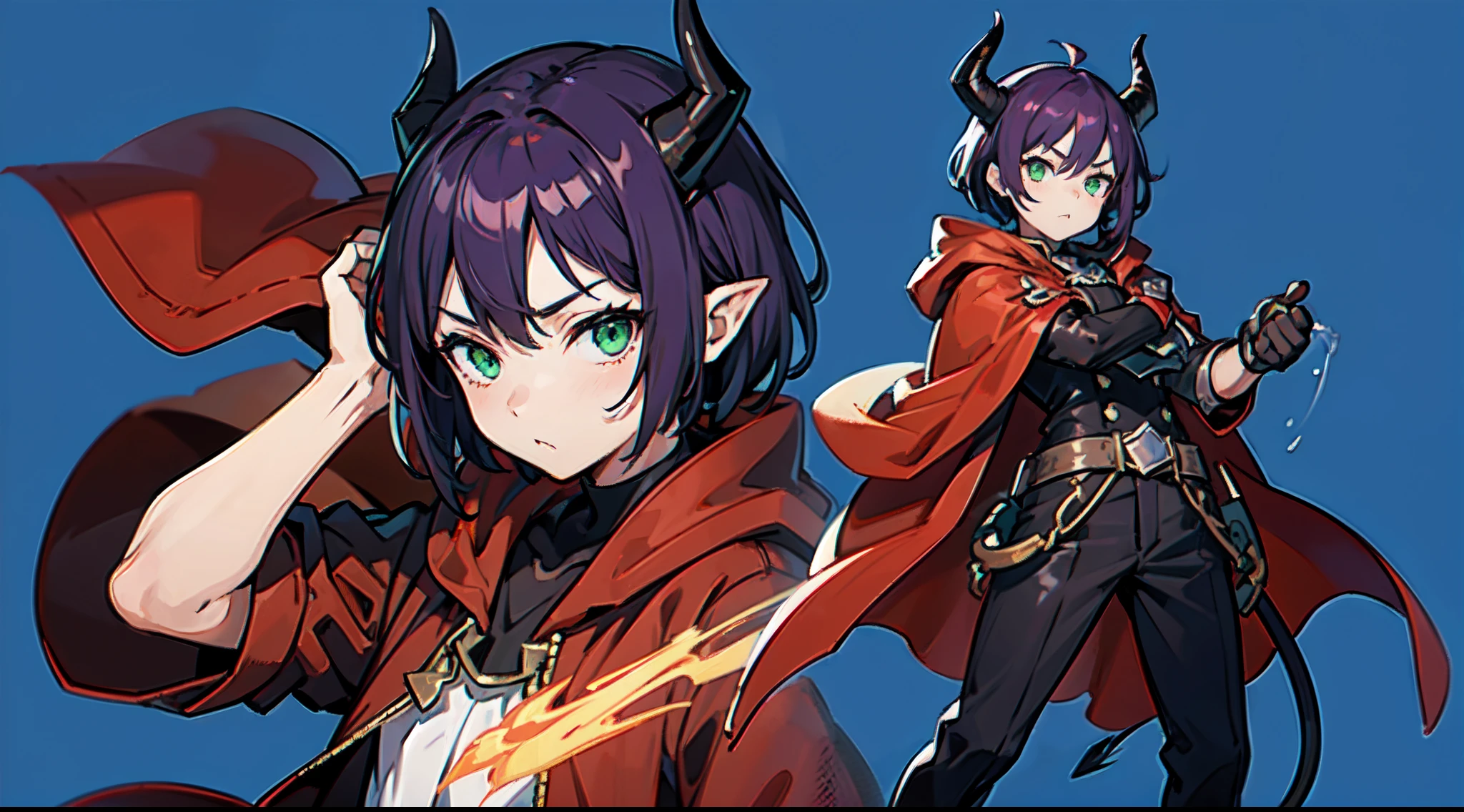 top-quality、masterpiece、((Deformed))、Boy with short purple hair、Green eyes、demonic horns、red cloak、Composition that reflects the whole body、combat pose、Thumbnail image、Blue background