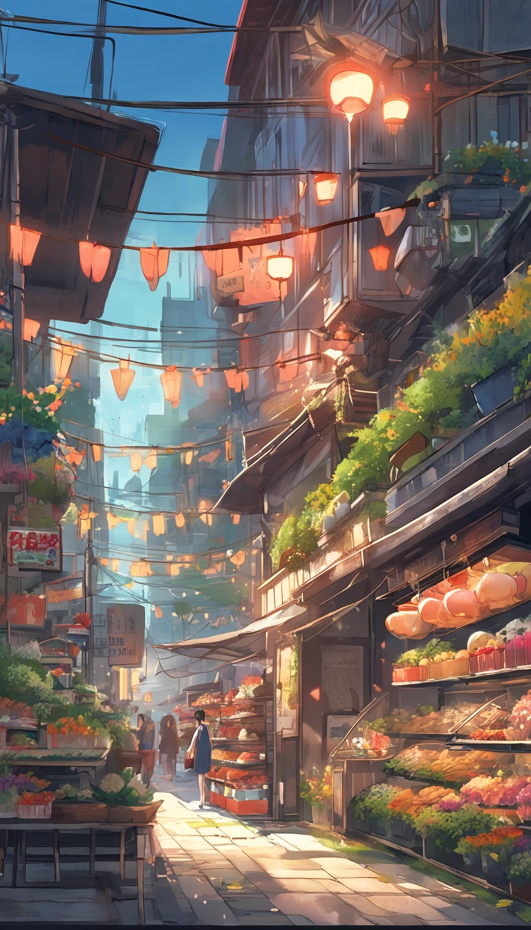 City flower shop, potted plants, flower, rainny night,water reflection puddle,oriental design, hanging lights , digital painting, sunset,wind up,concept art, illustration, intricate, many people, hanging lights, happy, beautiful colorful light, flower, plants ((tileset)) Anime - City street style scene, a woman waiting in front of a store, anime background art, detailed scenery - width 672, anime landscape concept art, anime style cityscape, Studio Ghibli anime style, Studio Ghibli art style, Studio Ghibli program, anime landscape, Studio Ghibli art style, Landscape artwork, Beautiful anime landscape, Forest city street, Ghibli art style, cake shop, cake shop, bakery cake shop, Makoto Shinkai style, Makoto Shinkai anime, Shinkai Makoto art style