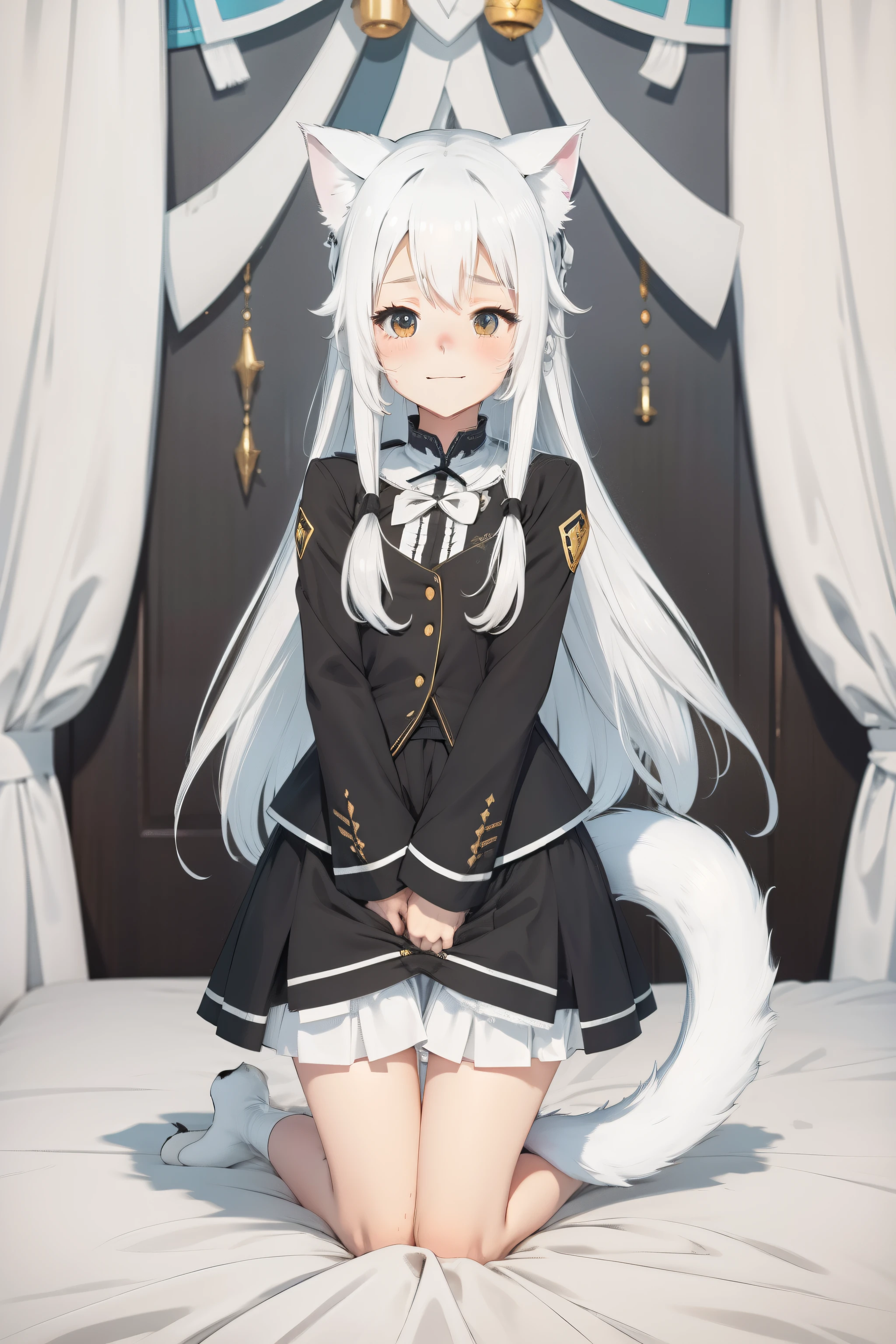 A cute girl with long white hair with cat ears and a cat's tail,Wear a cute short skirt,Shyly tugging at her skirt,The expression is shy and happy,Kneel on a white bed。