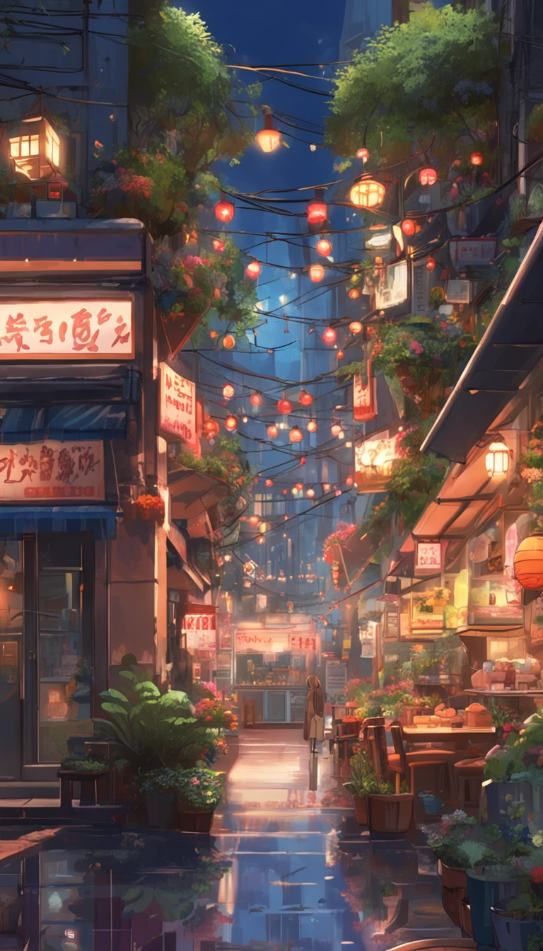 City flower shop, potted plants, flower, rainny night,water reflection puddle,oriental design, hanging lights , digital painting, sunset,wind up,concept art, illustration, intricate, many people, hanging lights, happy, beautiful colorful light, flower, plants ((tileset)) Anime - City street style scene, a woman waiting in front of a store, anime background art, detailed scenery - width 672, anime landscape concept art, anime style cityscape, Studio Ghibli anime style, Studio Ghibli art style, Studio Ghibli program, anime landscape, Studio Ghibli art style, Landscape artwork, Beautiful anime landscape, Forest city street, Ghibli art style, cake shop, cake shop, bakery cake shop, Makoto Shinkai style, Makoto Shinkai anime, Shinkai Makoto art style