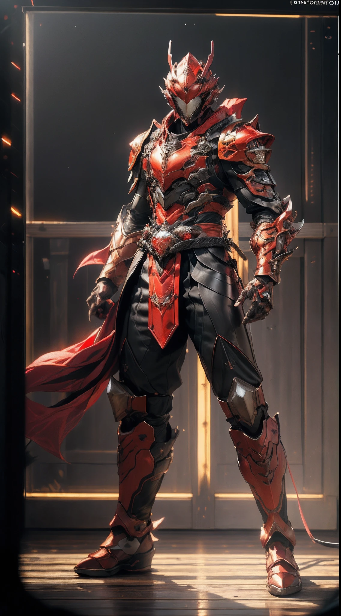 A man wearing a full-face helmet that covers most of his face, adorned in a biomimetic fantasy-style armor, the predominant black color is accented with red textures in the design this character embodies a finely crafted fantasy-style armored warrior design in anime, characterized by a sophisticated and mature manga art style, ((character concept art)), full body character drawing, high definition, best quality, ultra-detailed, extremely delicate, anatomically correct, symmetrical face, extremely detailed eyes and face, high quality eyes, creativity, RAW photo, UHD, 16k, (Natural light, cinematic lighting, masterpiece:1.5)