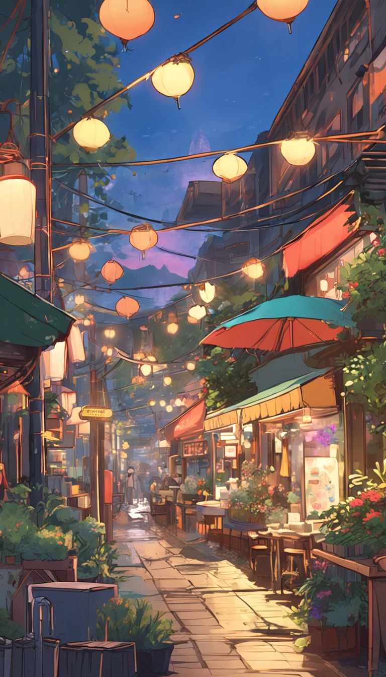 City flower shop, potted plants, flower, rainny night,water reflection puddle,oriental design, hanging lights , digital painting, sunset,wind up,concept art, illustration, intricate, many people, hanging lights, happy, beautiful colorful light, flower, plants ((tileset)) Anime - City street style scene, a woman waiting in front of a store, anime background art, detailed scenery - width 672, anime landscape concept art, anime style cityscape, Studio Ghibli anime style, Studio Ghibli art style, Studio Ghibli program, anime landscape, Studio Ghibli art style, Landscape artwork, Beautiful anime landscape, Forest city street, Ghibli art style, cake shop, cake shop, bakery cake shop, Makoto Shinkai style, Makoto Shinkai anime, Shinkai Makoto art style