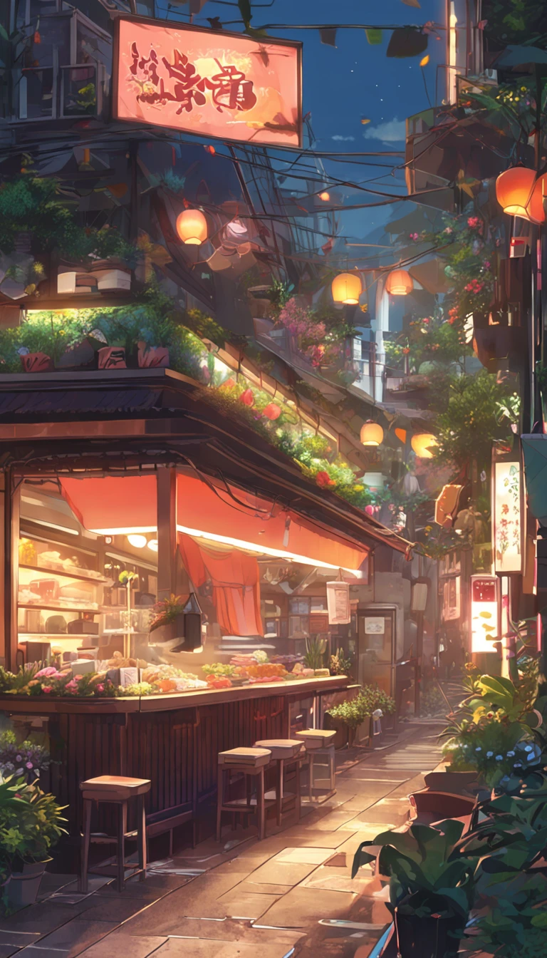 City flower shop, potted plants, flower, rainny night,water reflection puddle,oriental design, hanging lights , digital painting, sunset,wind up,concept art, illustration, intricate, many people, hanging lights, happy, beautiful colorful light, flower, plants ((tileset)) Anime - City street style scene, a woman waiting in front of a store, anime background art, detailed scenery - width 672, anime landscape concept art, anime style cityscape, Studio Ghibli anime style, Studio Ghibli art style, Studio Ghibli program, anime landscape, Studio Ghibli art style, Landscape artwork, Beautiful anime landscape, Forest city street, Ghibli art style, cake shop, cake shop, bakery cake shop, Makoto Shinkai style, Makoto Shinkai anime, Shinkai Makoto art style