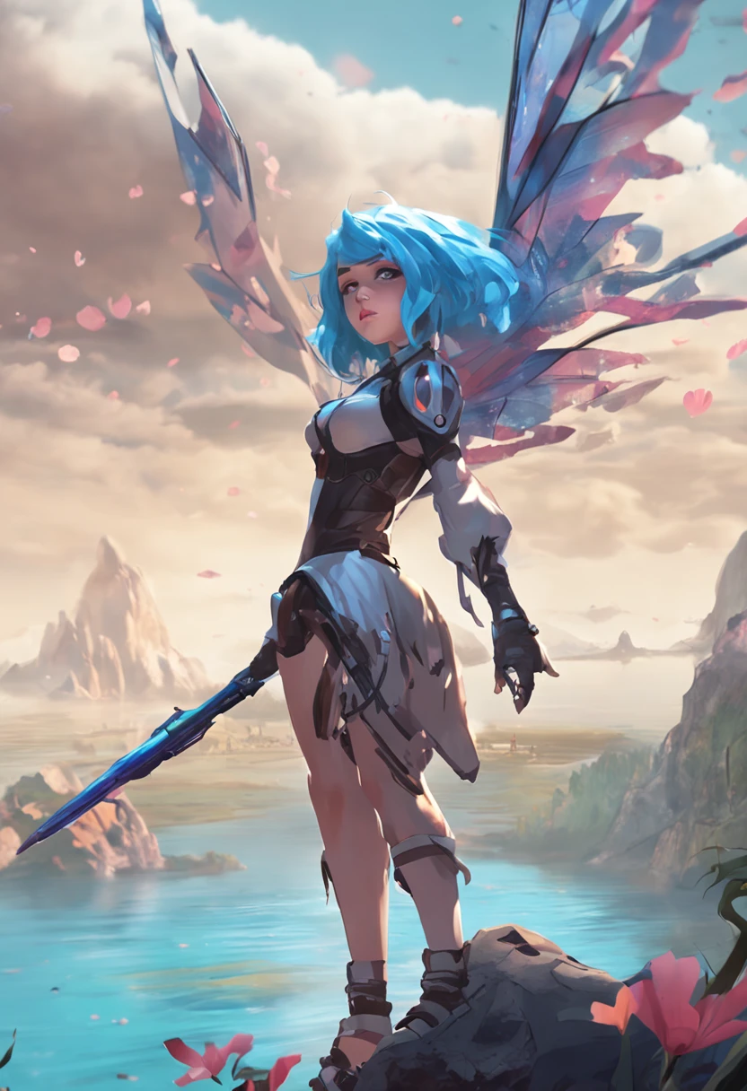 a girl,, 1, blue hair, transparent wings, (holding weapon:1.3), standing at the edge, floating islands, looking down, venusbody,