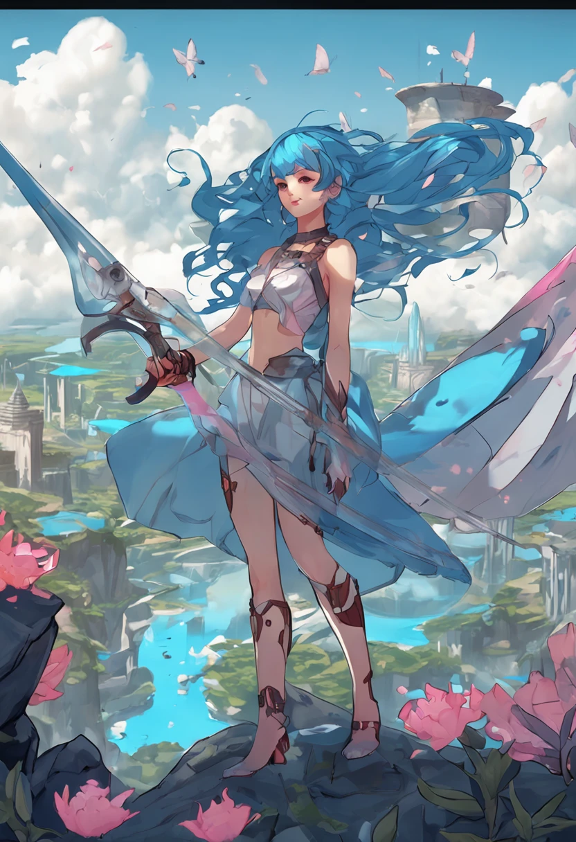a girl,, 1, blue hair, transparent wings, (holding weapon:1.3), standing at the edge, floating islands, looking down, venusbody,