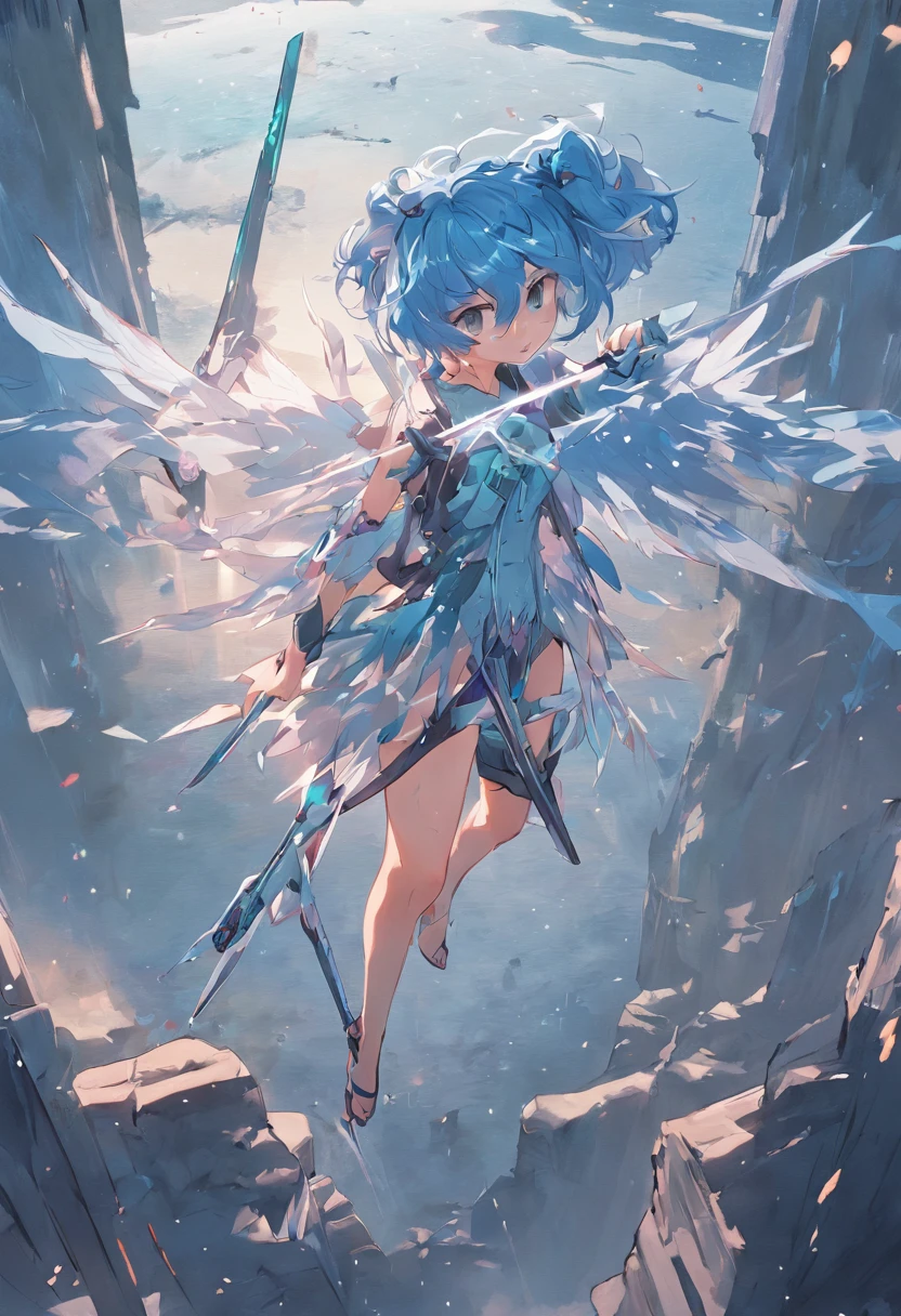 a girl,, 1, blue hair, transparent wings, (holding weapon:1.3), standing at the edge, floating islands, looking down, venusbody,