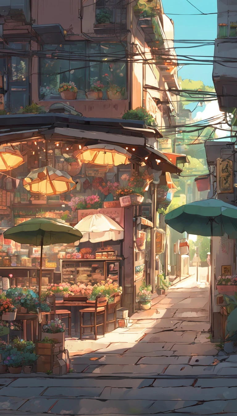 City flower shop, potted plants, flower, rainny night,water reflection puddle,oriental design, hanging lights , digital painting, sunset,wind up,concept art, illustration, intricate, many people, hanging lights, happy, beautiful colorful light, flower, plants ((tileset)) Anime - City street style scene, a woman waiting in front of a store, anime background art, detailed scenery - width 672, anime landscape concept art, anime style cityscape, Studio Ghibli anime style, Studio Ghibli art style, Studio Ghibli program, anime landscape, Studio Ghibli art style, Landscape artwork, Beautiful anime landscape, Forest city street, Ghibli art style, cake shop, cake shop, bakery cake shop, Makoto Shinkai style, Makoto Shinkai anime, Shinkai Makoto art style