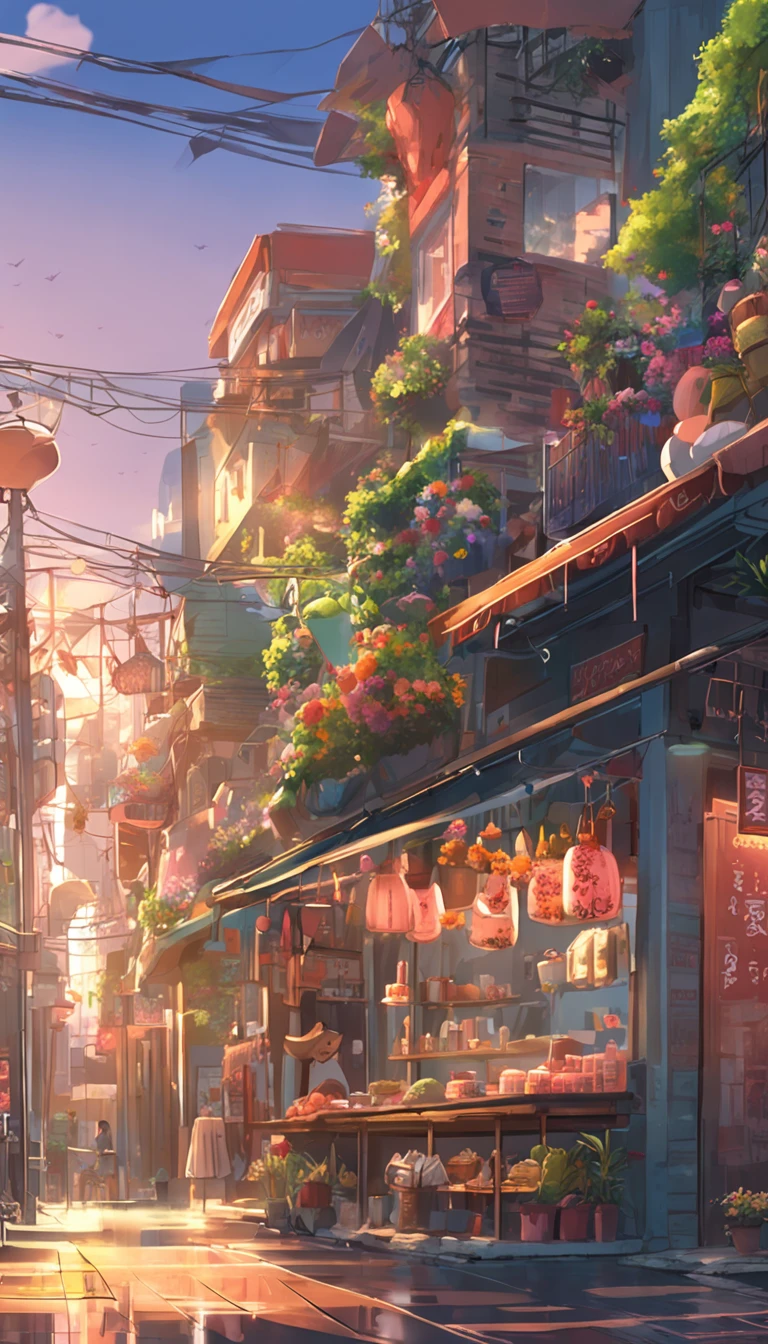 City flower shop, potted plants, flower, rainny night,water reflection puddle,oriental design, hanging lights , digital painting, sunset,wind up,concept art, illustration, intricate, many people, hanging lights, happy, beautiful colorful light, flower, plants ((tileset)) Anime - City street style scene, a woman waiting in front of a store, anime background art, detailed scenery - width 672, anime landscape concept art, anime style cityscape, Studio Ghibli anime style, Studio Ghibli art style, Studio Ghibli program, anime landscape, Studio Ghibli art style, Landscape artwork, Beautiful anime landscape, Forest city street, Ghibli art style, cake shop, cake shop, bakery cake shop, Makoto Shinkai style, Makoto Shinkai anime, Shinkai Makoto art style