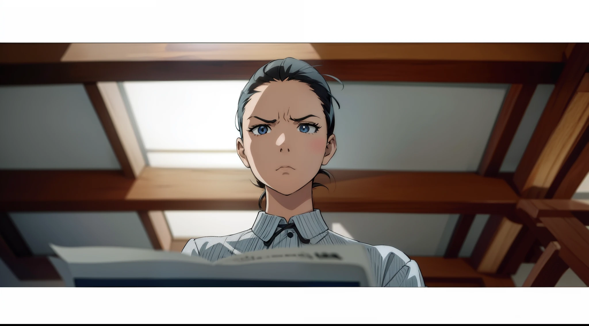 Anime scene, a girl reading paper, serious face, black smooth hair