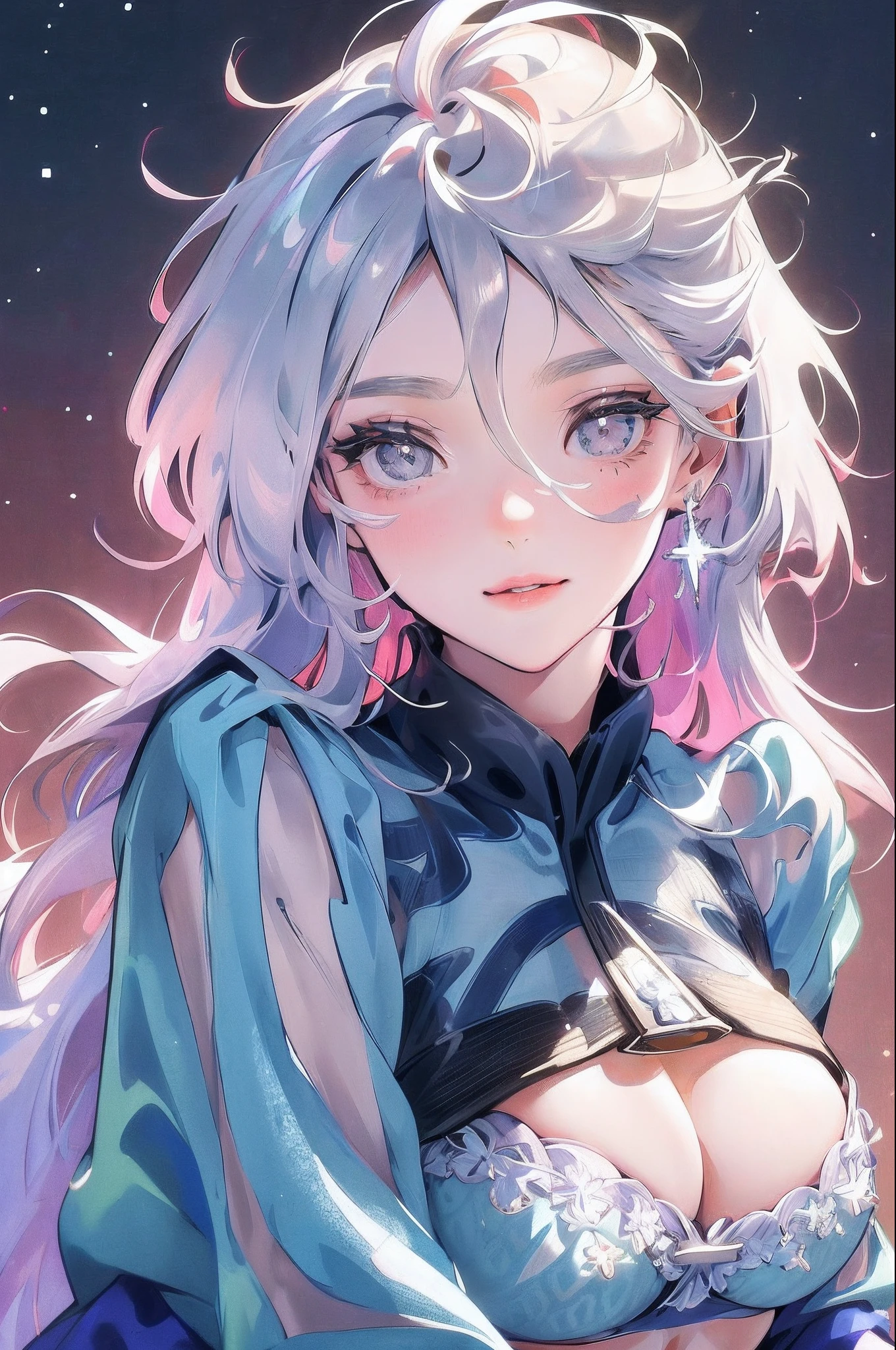 high high quality,Delicate facial features,Delicate hair,(( big breasts:1.2)), silver long hair,Delicate eyes,Girl's eye details,Long eyelashes,gem-like eyes,Crystal texture,Glazed texture,Onyx texture,Bright,glitters,high light,Gradient,Iris gradient,beautiful pupil,There are rivers of stars in the eyes,Highly detailed,high-definition picture quality,Bright colors,Depth of field effect,Star background,8K high quality detailed art(Delicate facial portrayal)(Fine hair depiction)(highest quality)(Master masterpieces)(High degree of completion)(a sense of atmosphere)8k wallpaper,masterpiece,Best quality at best,ultra - detailed, portrait upto abs, focus on breast, wearing red uniform , modestly clothed, blushing, smiling, mature woman, sitting on a classroom, Japanese classroom.