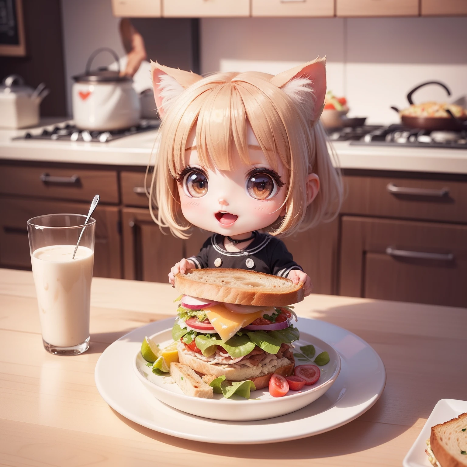 Cute Baby Chibi Anime,(((Super masterpiece、top-quality、ultra-detailliert、1 Cat Girl、Chibi:1.5))、Chibi Kitchen、lunch、sandwich、salad、Food is on a plate、Milk is in a glass、A detailed face、Smile with open mouth、(Chibi:1.4)、8k