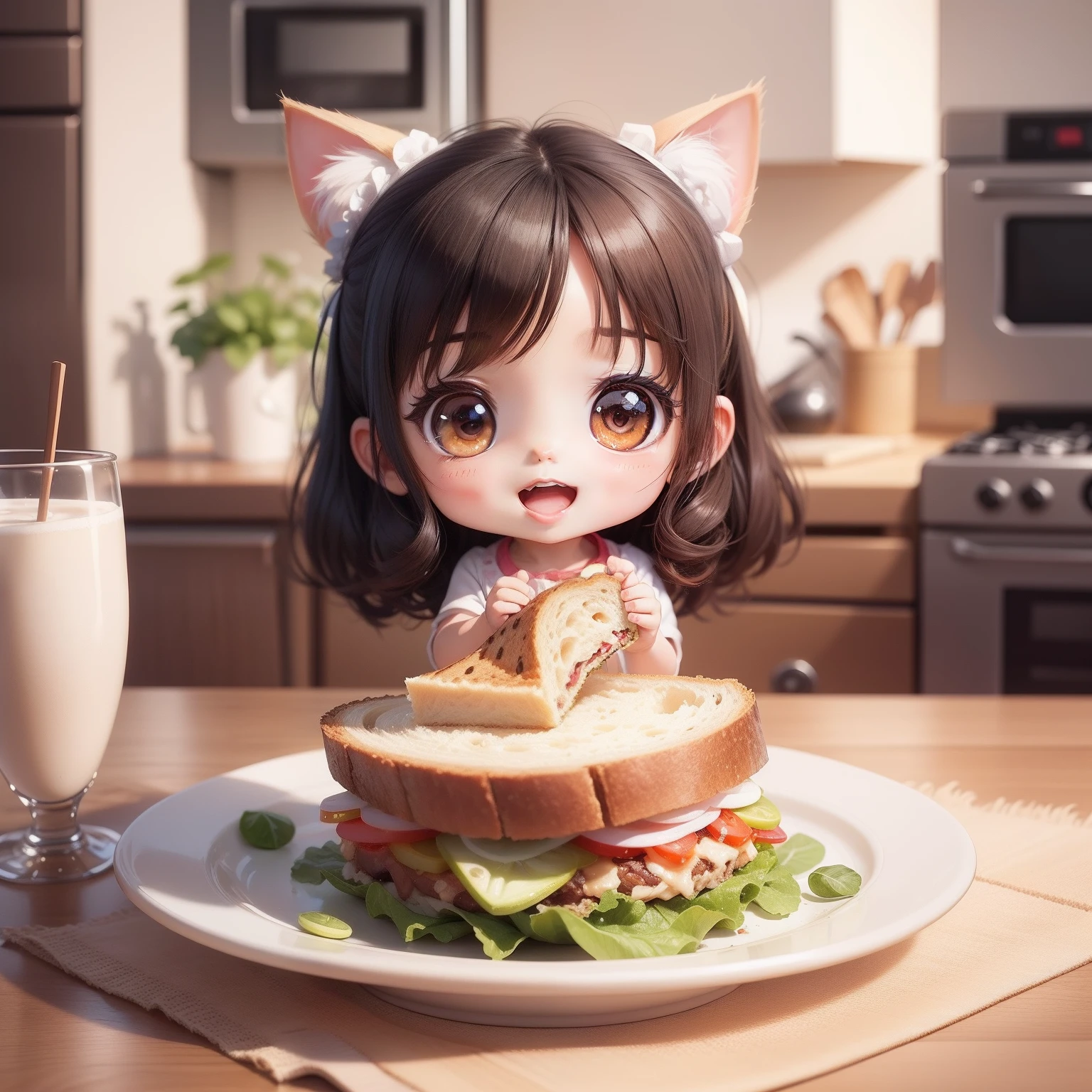 Cute Baby Chibi Anime,（（（Super masterpiece、top-quality、ultra-detailliert、1 Cat Girl、Chibi：1.5））、Chibi Kitchen、lunch、sandwich、salad、Food is on a plate、Milk is in a glass、A detailed face、Smile with open mouth、（Chibi：1.4）、8ｋ