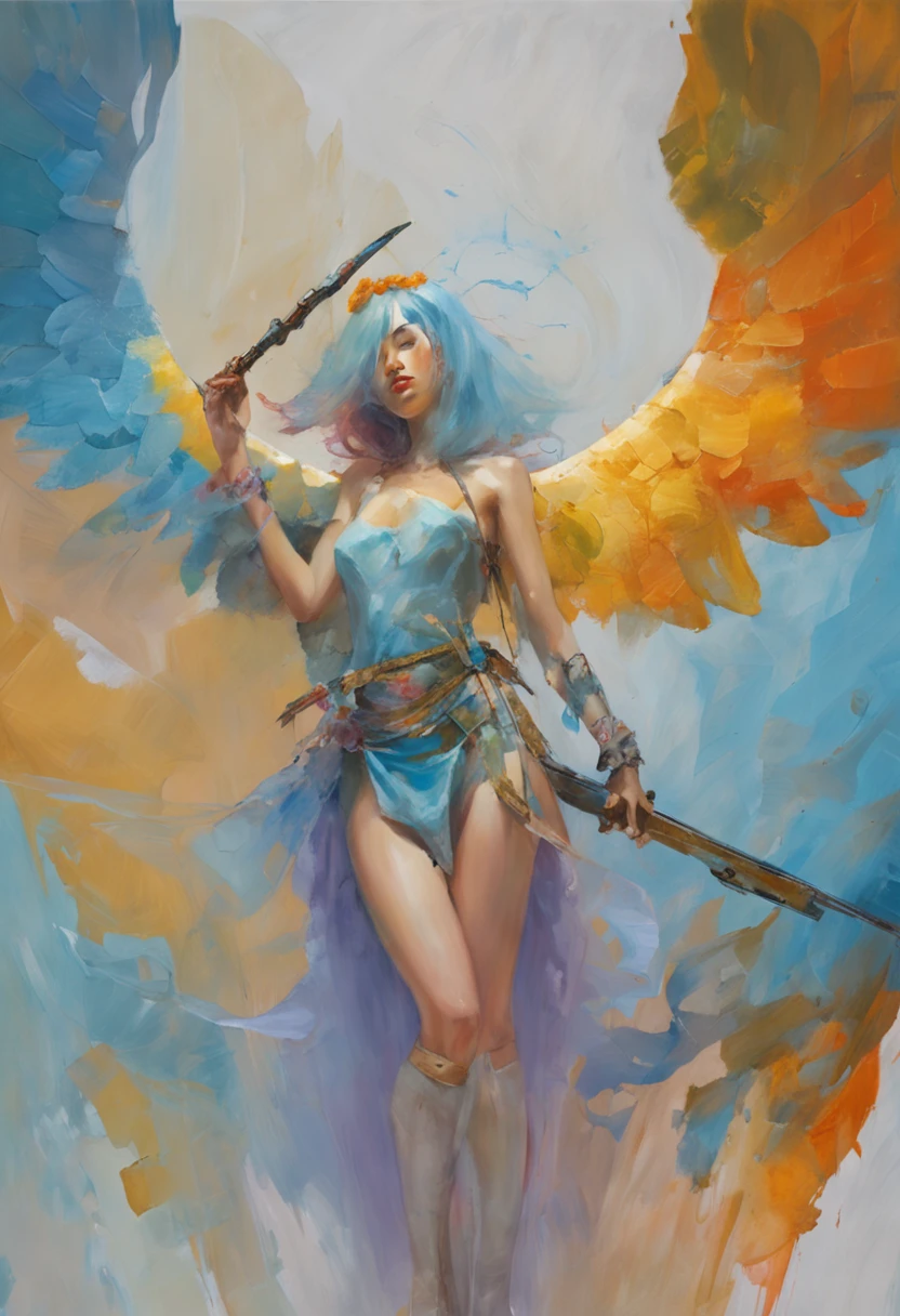 a girl,, 1, blue hair, transparent wings, (holding weapon:1.3), standing at the edge, floating islands, looking down, venusbody,