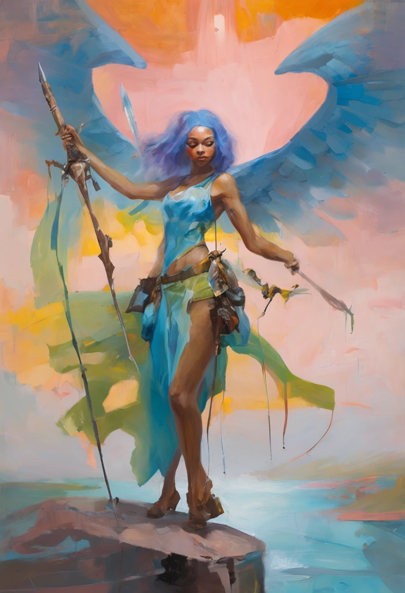 a girl,, 1, blue hair, transparent wings, (holding weapon:1.3), standing at the edge, floating islands, looking down, venusbody,