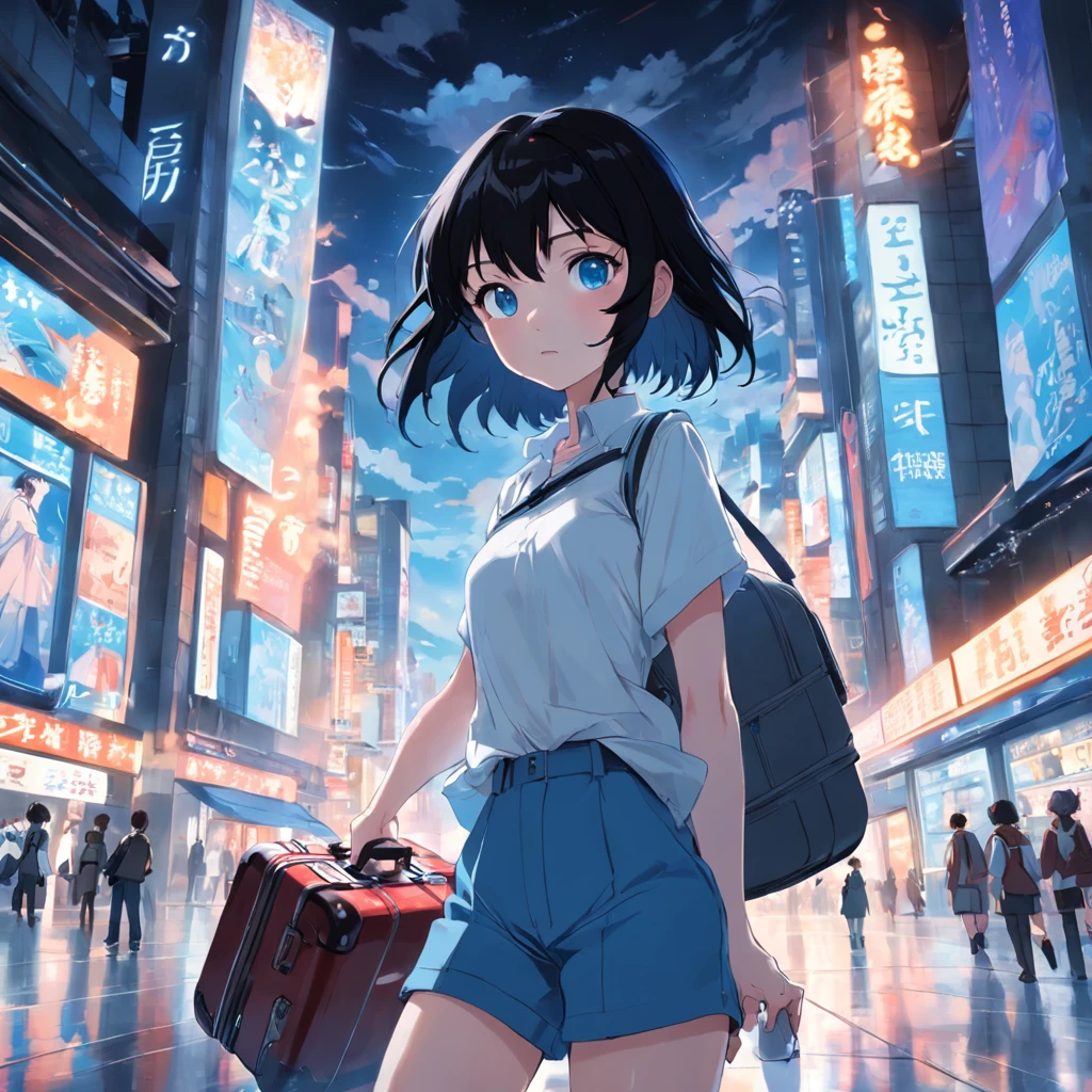 Black hair and blue eyes，The girl was wearing a white T-shirt，Light blue shorts，
Holding the suitcase，Get out of the house。