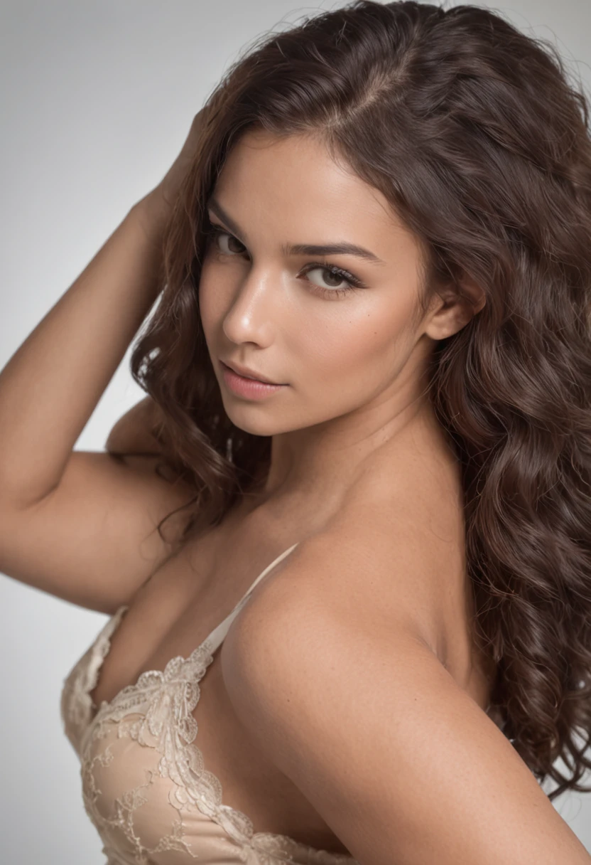mulher sexy, 20 anos, magra, athletic, pele bronzeada brilhante, seios enormes, cintura fina, cabelo preto cacheado, lingerie branca, realista, fotografia, real, natural