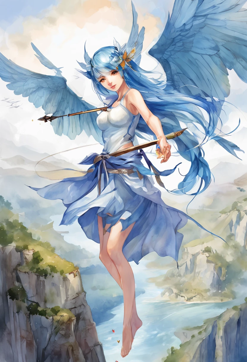 a girl,, 1, blue hair, transparent wings, (holding weapon:1.3), standing at the edge, floating islands, looking down, venusbody,