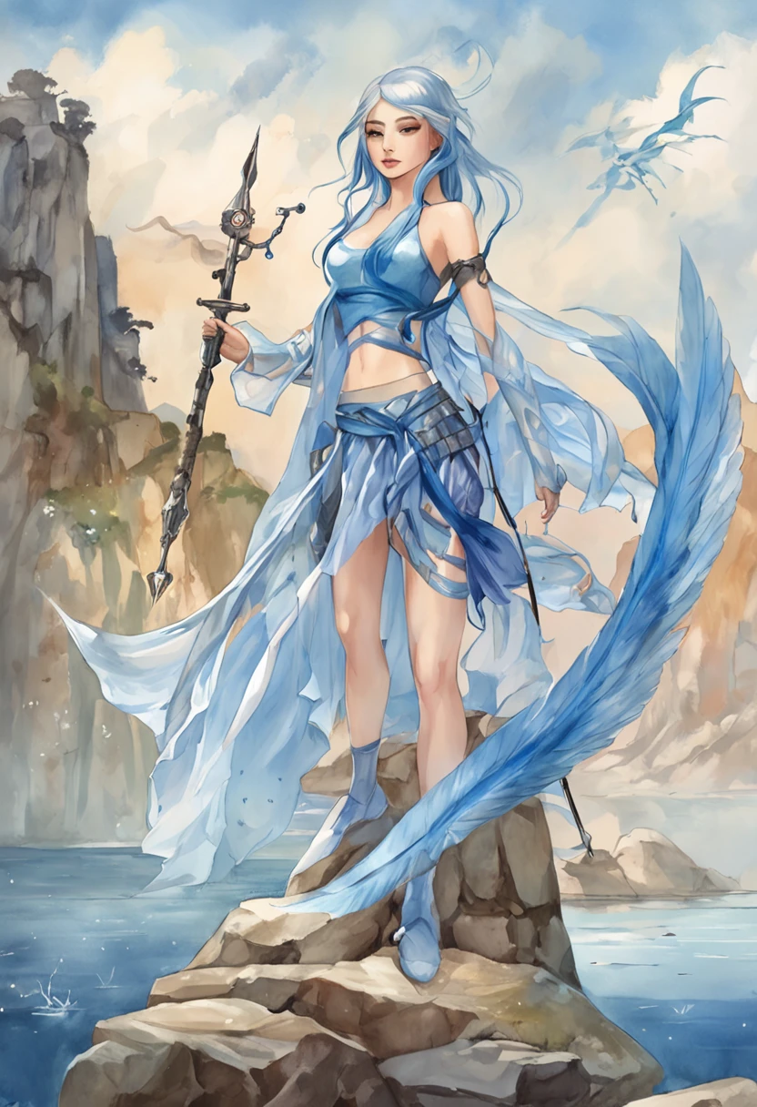 a girl,, 1, blue hair, transparent wings, (holding weapon:1.3), standing at the edge, floating islands, looking down, venusbody,