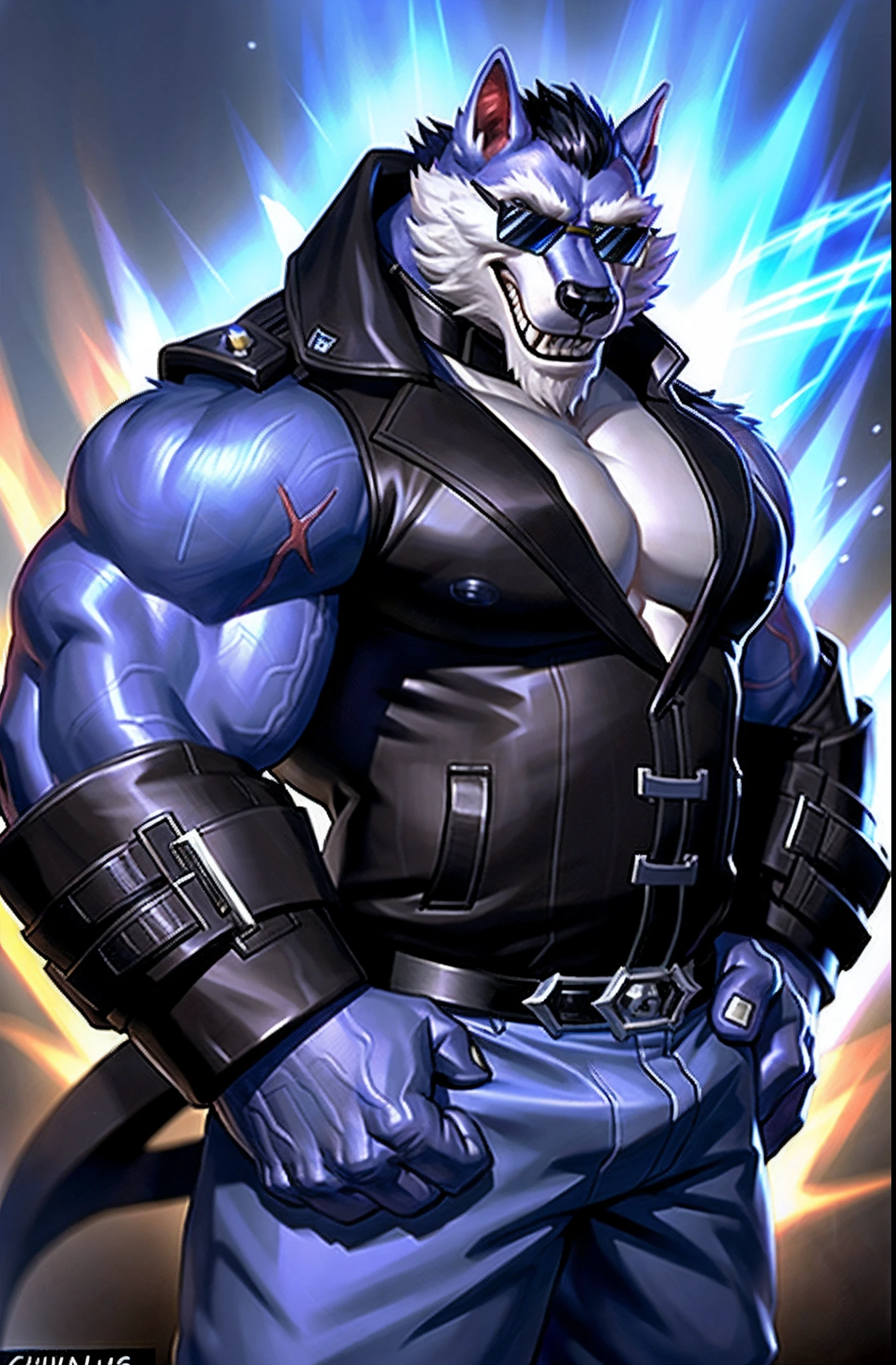 (Por Taran Fiddler), (por darkgem:0.8), (por chunie:1), master part, (Clothes), retrato, sedutor, Olhando para o Viewer, sorrir, sorriso, (Freddy), lobo, pele azul, Freddy sunglasses, (Olhos detalhados da Pixar:1.2), macho, sozinho, antro, piercing na orelha, suit jacket, Cicatriz ocular, (large muscles), (Pecs grandes), Luvas, Oeste, (fundo infernal noturno detalhado),
