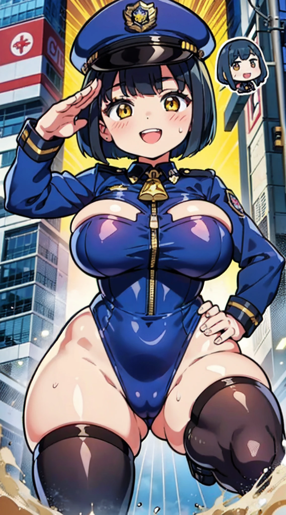 (Perfect body),Best Quality,(8K Portrait),(masuter piece)、(Official art),Police Woman、Police Hat、blush,Sweat,(((large udder)))、((Big ass))、((Navy blue leotard))、(White knee socks)、(Black hair),((bob cuts))、Yellow eyes,((thick thighs))、Adult Woman、Cowboy Shot、close legs、((((A smile))))、(In the street)、Right-handed salute、(Left hand on hip)、(((showing teeth)))、((((Chibi))))、((From below))