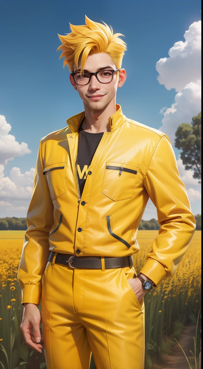 man with yellow quiff hair, wearing yellow glasses, yellow clothes, saying goodbye, happy expression,full body,with a field with trees and a sunny sky background,style of a Disney Pixar cartoon