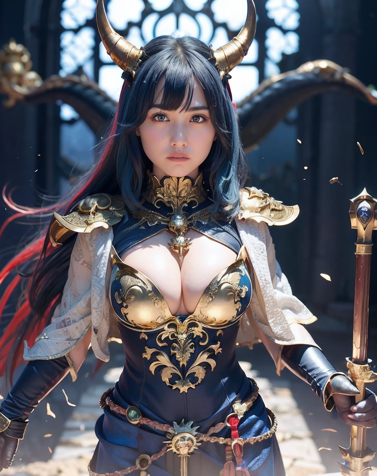Professional , masterpiece、top-quality、photos realistic , depth of fields 、(Gemstone Blue Metal Body:1.2),(Matte Blue Black、(Standing in the church)、gold patterns、Wind-effect、Light Effects、Wind-effect、magic circles、(cleavage of the breast)、Dragon Gold Weapon(Dragon Metal Body:1.4),Gorgeous gold weapons ,(Particles of light)、(Strange expressions)、Mystical expression、-yeld beiful girl、(( Dragon's dense and gorgeous sword)) , Ultimate Beauty 、((Blue hair))、(Castle background)、The dragon、((Gangle's forest background))、Beautiful Caucasian beauty、(1a person)、dynamic ungle,(((Details of the two demon horns on the head)))、Smaller head、A smile、Castle background、Thin and beautiful female hands、cleavage of the breast、Soldier in iron armor on background、Mystical expression、Light Effects、Wind-effect、magic circles、With the legendary magic wand、(demonic wings)、(Blue hair)、(1 persons)、Battle Look、Anatomically correct body、Toostock、Toostock、