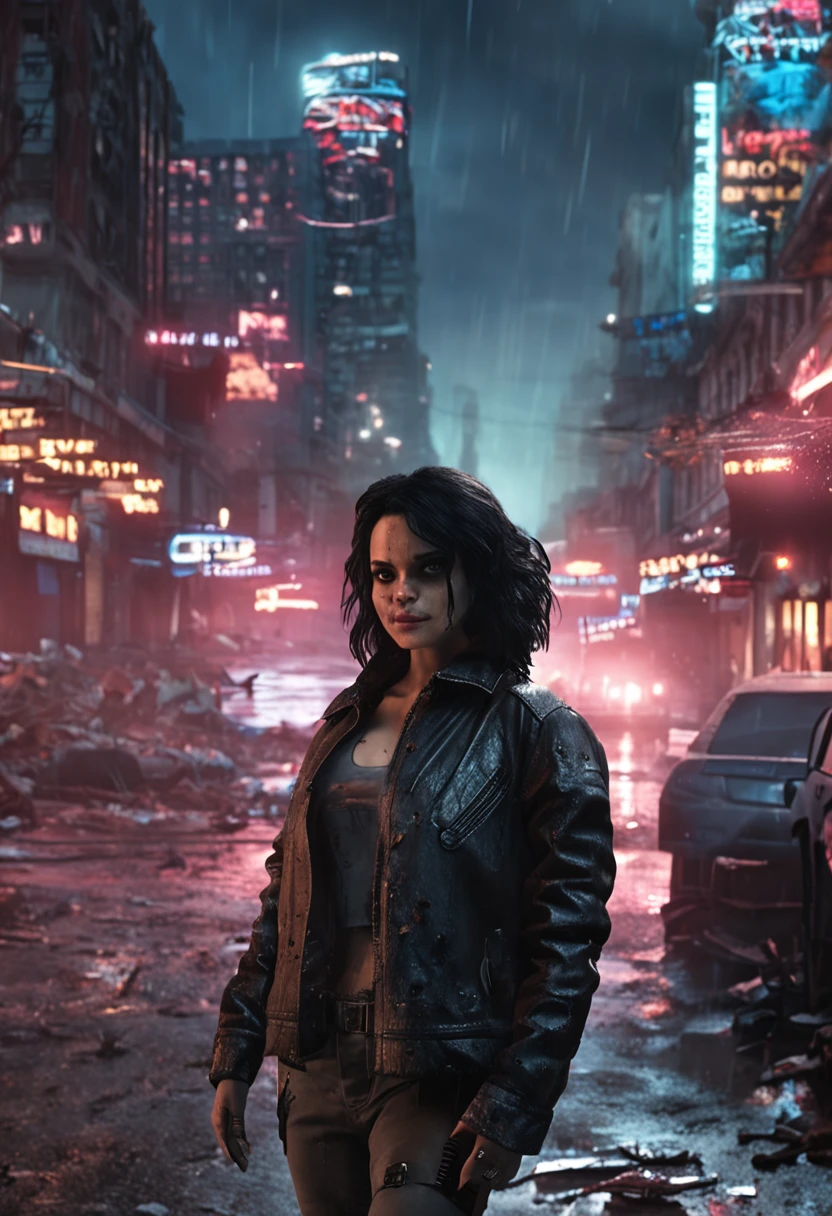 cute doll, avec manteau en cuir noir, ripped jeans, Armed Mars, with black hair scattered and wet, ((corps entier)),((visage parfait)), Dark place in downtown Raccon City of Night destroyed with zombies in the background, Social realism, realism, Ray Tracing, reflection light, High quality, High Details, super detail, 8k, 16k, Best quality