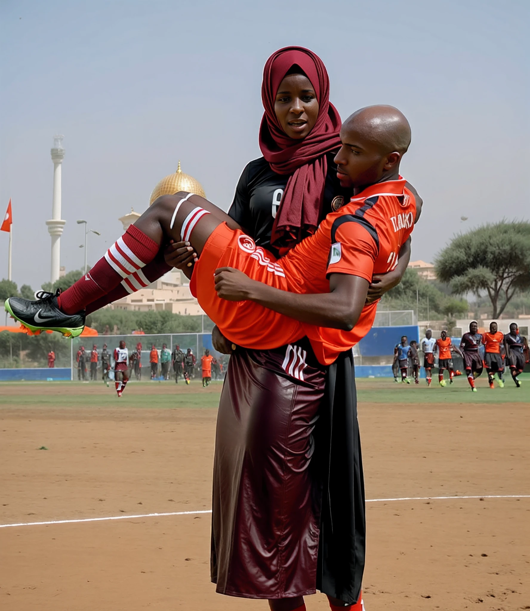 a fair-skinned turkish woman with a glossy and shiny burgundy plastic-headscarf and a high-shine long burgundy leather skirt with lots of light reflexes on it, a hurt and bald headed african soccer player has to be carried off, a fair-skinned turkish woman has a horrofied facial expression when she carries a bald headed african soccer player in matte orange sportswear, an injured bald headed african soccer player in matte orange sportswear is carried with an extremely agonised facial expression, faces in pain and horror, screaming with pain, shocked facial expression, pityful facial expression, pity, pain, accident, help, soccer, soccer in a turkish stadium, woman carrying man, woman carries wounded man