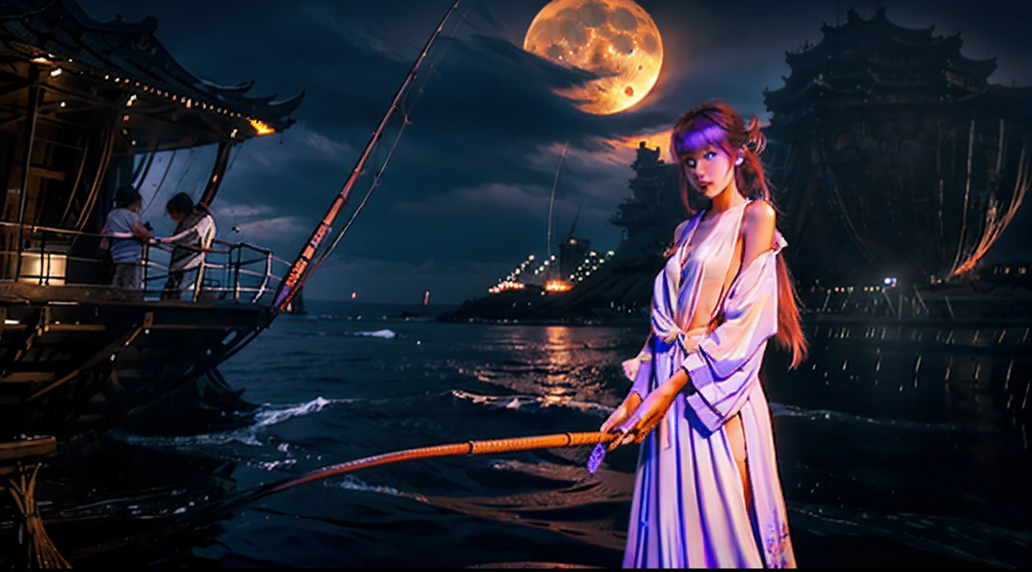 Blue eyes and vertical pupils, large moon，Dark style，Light purple woman，high ponytails，White Hanfu，Fishing nets