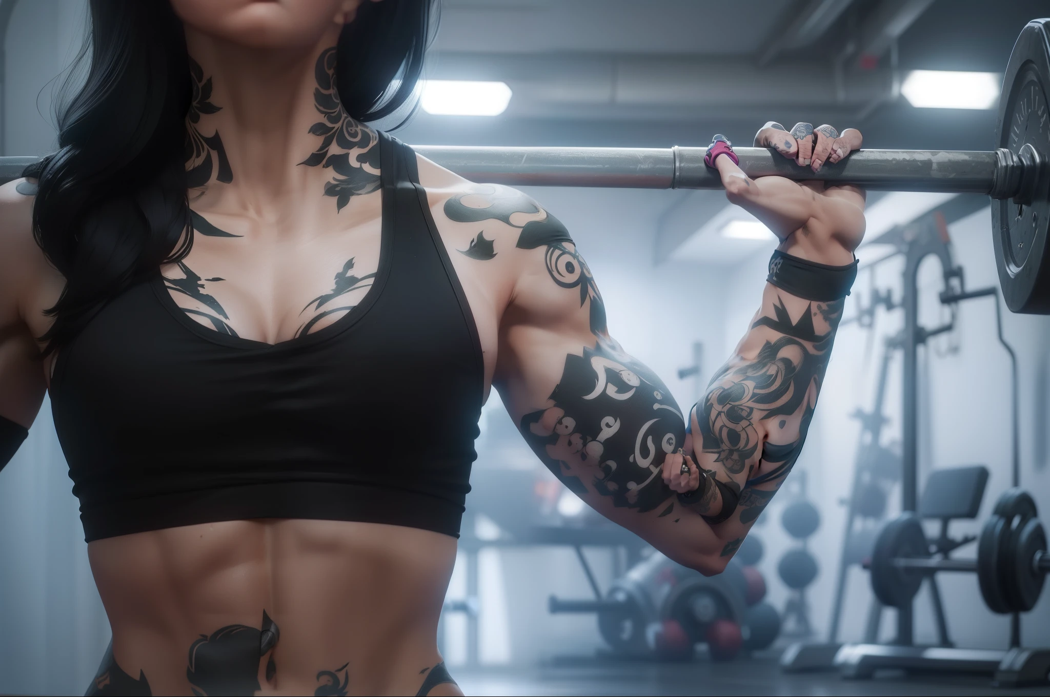 a fitness girl,Tattooed with,Carry a barbell,Finger details,The background is light,Slim figure