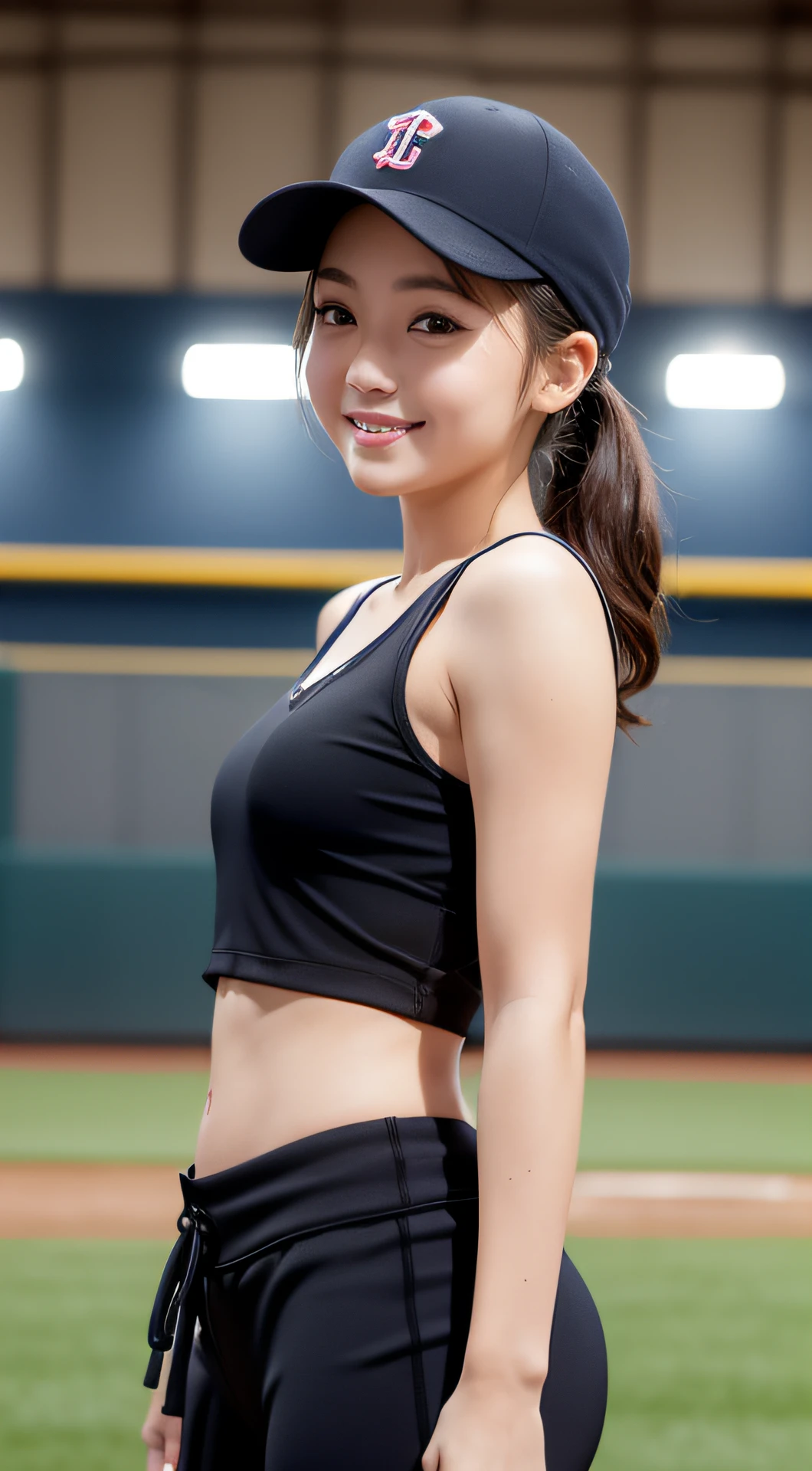 Highly detailed CG Unity 8K wallpaper, With the highest quality, super detailed, Master Piece, Realistic, photograph realistic, extremely detailed cute girl, 25 years old, (sexy black bunny girl costume), black bunny girl, blush , Round eyes, small breasts , cleavage, looking viewer, Half body shot , on the football field, (Dynamic Pose) , (nsfw:1.4), hard nudity