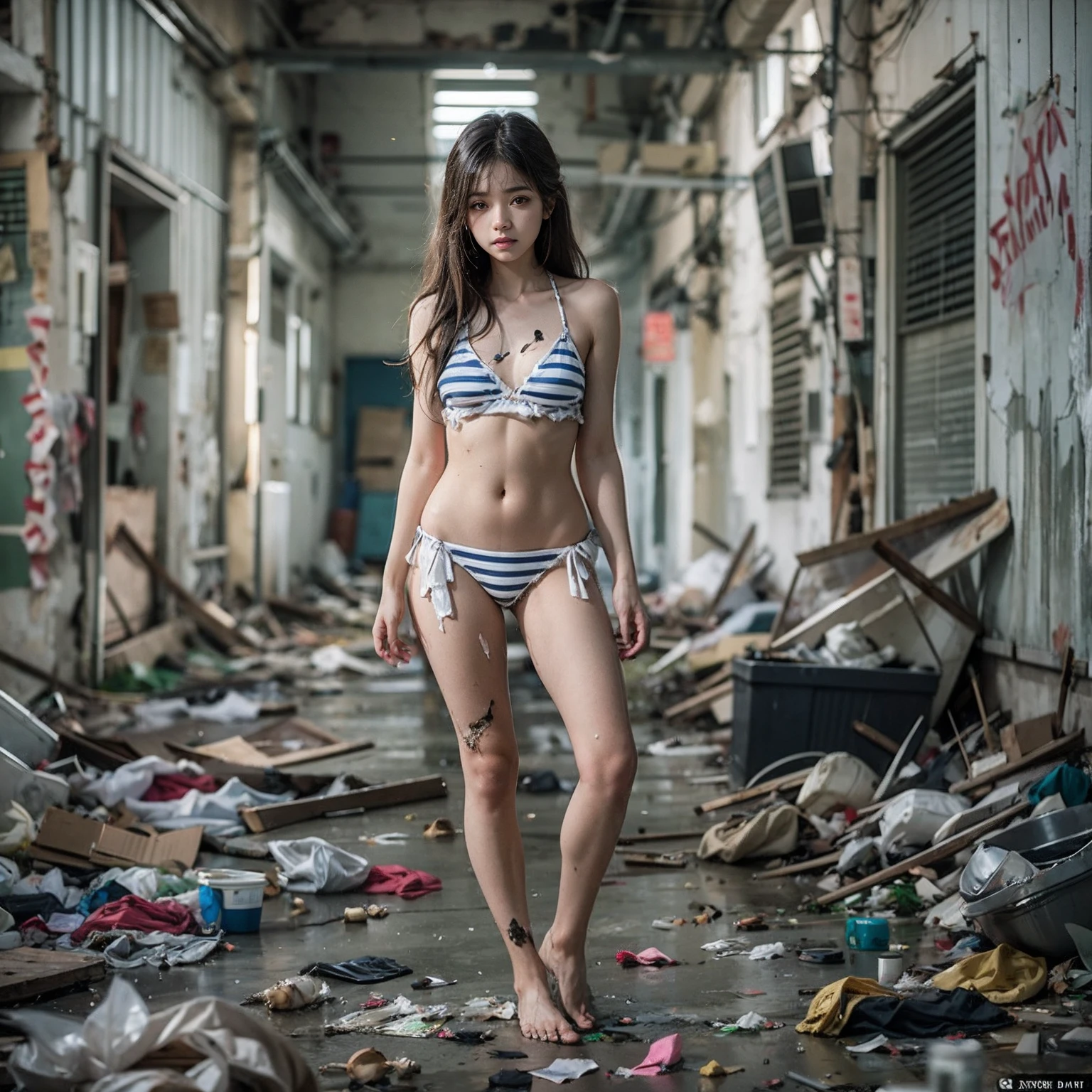 Abandoned schools,Sexy standing pose,White transparent bikini,Exposing the genitals ,Garbage all over the ground,Dilapidated,Devastated,best qualtiy,full-body portraits(1:1),18 years old girls,lean and slender body,Skinny,Smaller bust,The barefoot,Leaky ,Leakage of all breasts,Naked all over the body