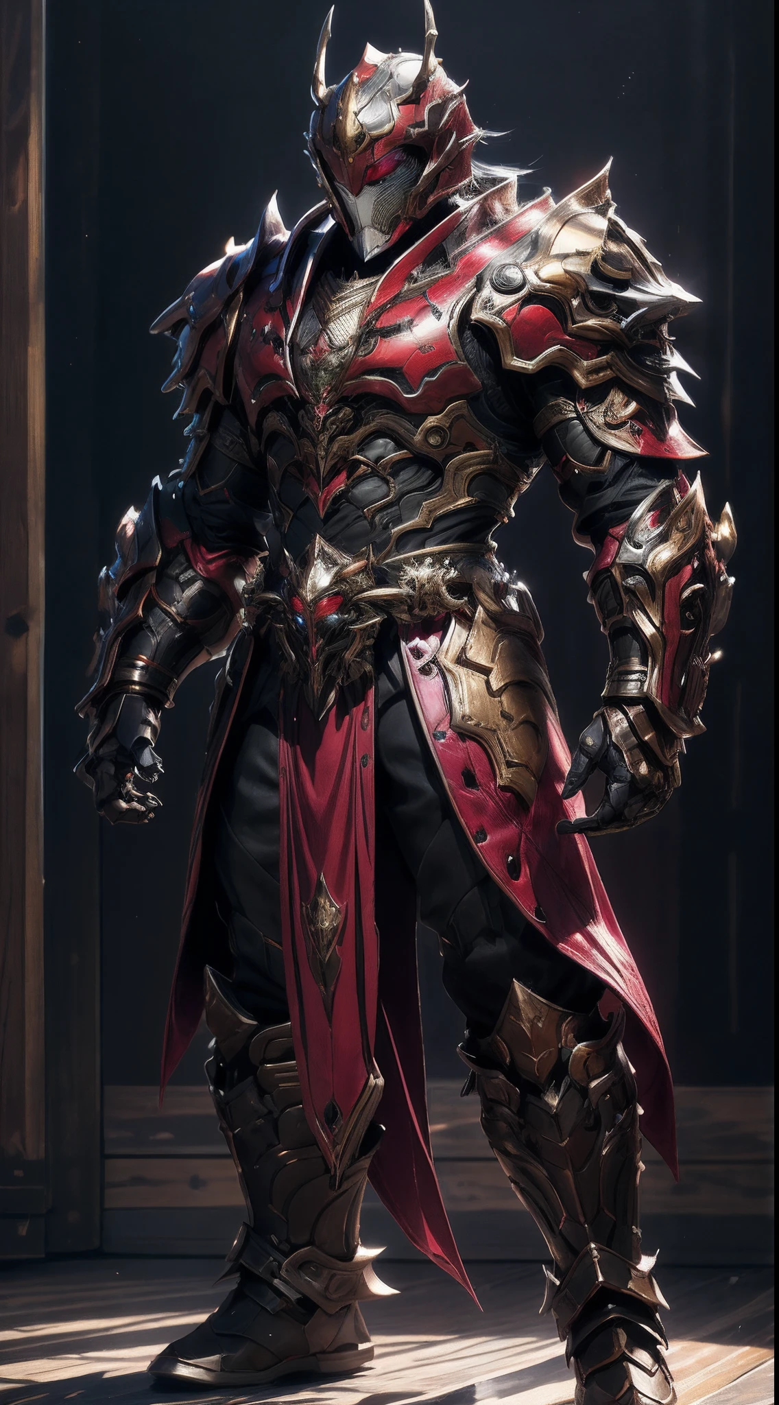 A man wearing a full-face helmet that covers most of his face, adorned in a biomimetic fantasy-style armor, the predominant black color is accented with red textures in the design this character embodies a finely crafted fantasy-style armored warrior design in anime, characterized by a sophisticated and mature manga art style, ((character concept art)), full body character drawing, high definition, best quality, ultra-detailed, extremely delicate, anatomically correct, symmetrical face, extremely detailed eyes and face, high quality eyes, creativity, RAW photo, UHD, 16k, (Natural light, cinematic lighting, masterpiece:1.5)
