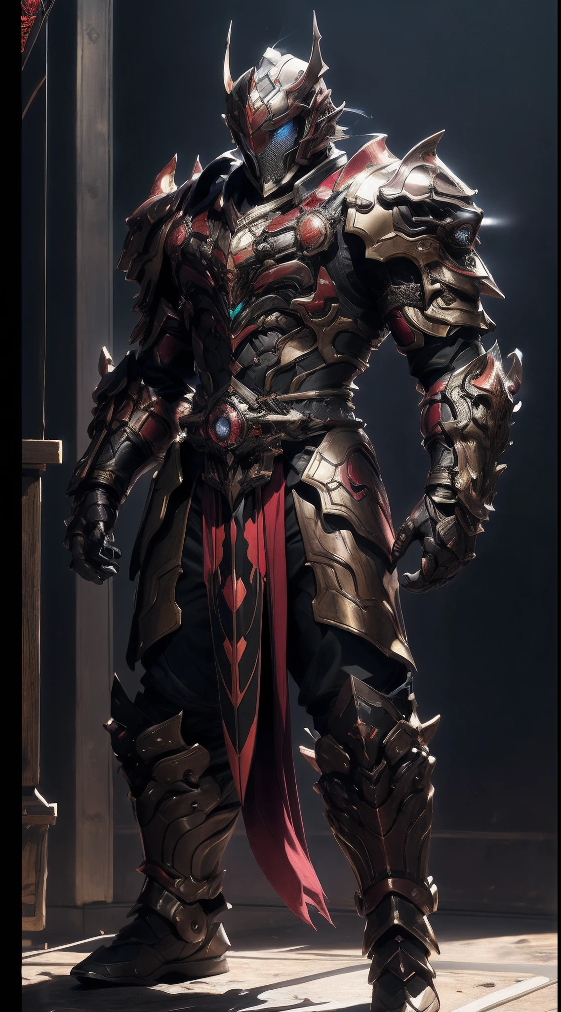 A man wearing a full-face helmet that covers most of his face, adorned in a biomimetic fantasy-style armor, the predominant black color is accented with red textures in the design this character embodies a finely crafted fantasy-style armored warrior design in anime, characterized by a sophisticated and mature manga art style, ((character concept art)), full body character drawing, high definition, best quality, ultra-detailed, extremely delicate, anatomically correct, symmetrical face, extremely detailed eyes and face, high quality eyes, creativity, RAW photo, UHD, 16k, (Natural light, cinematic lighting, masterpiece:1.5)