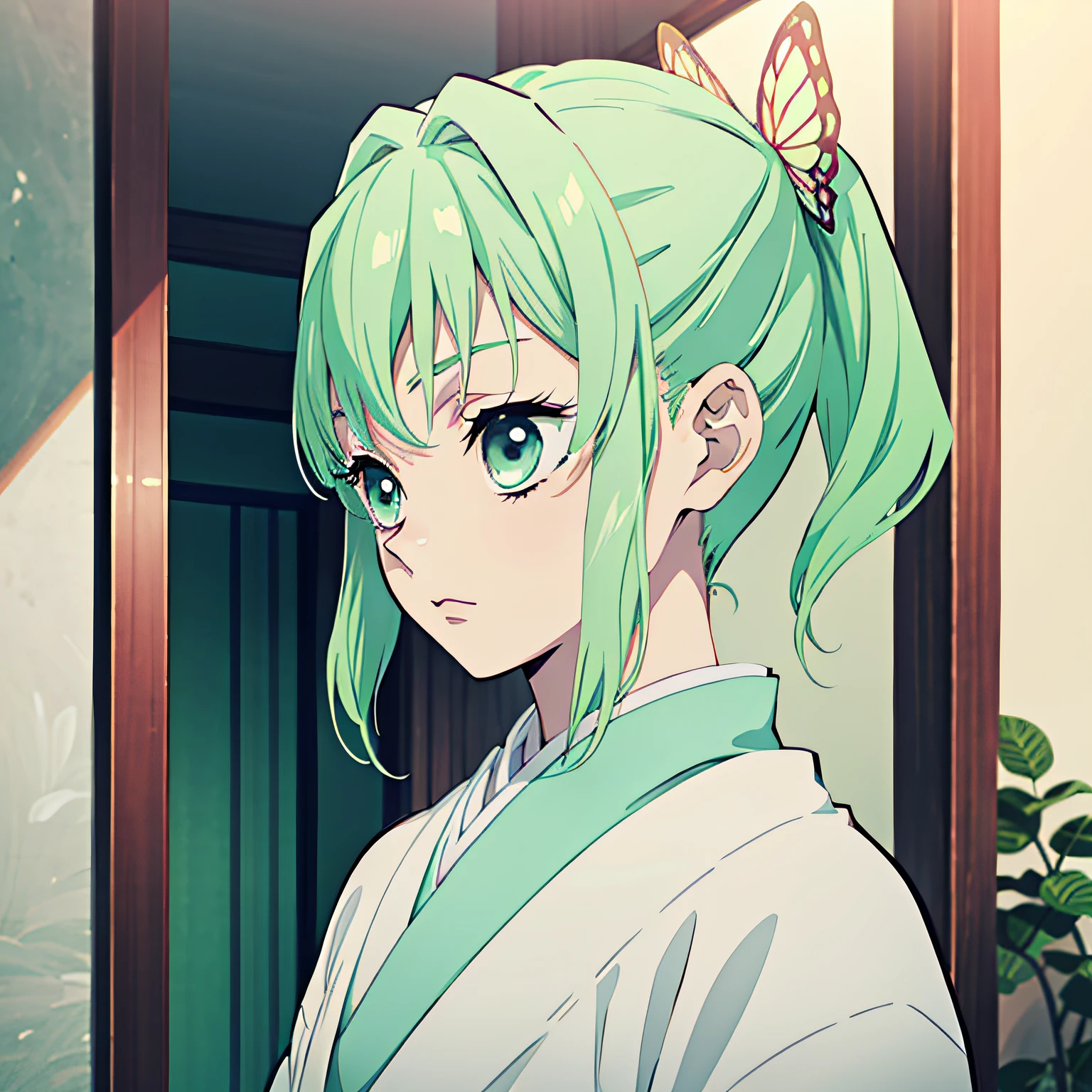 Kimetsu no Yaiba style, 1girl, beautiful, mint green hair, cute, butterfly theme