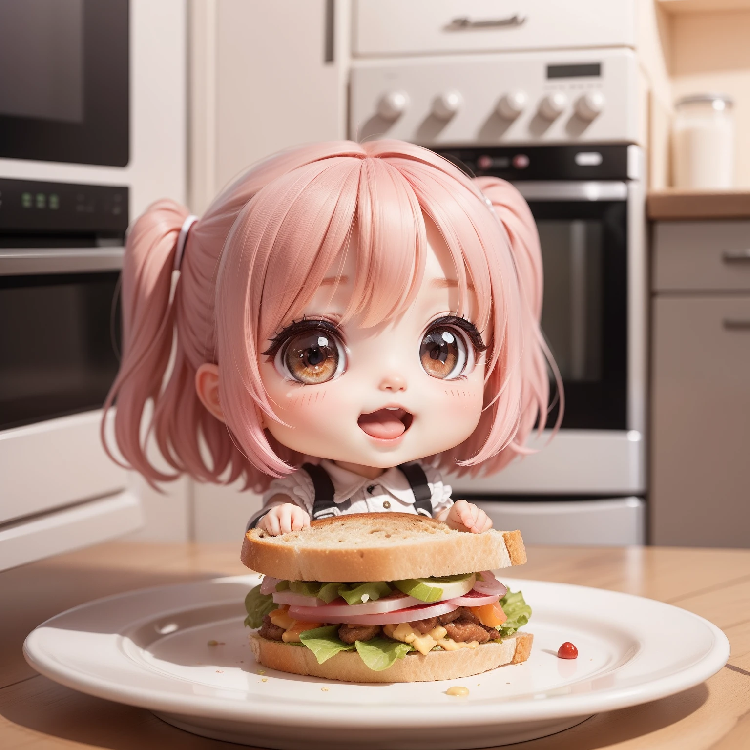 Cute Chibi Anime,(((Super masterpiece、top-quality、ultra-detailliert、女の子1人、Chibi:1.5))、Chibi Kitchen、lunch、sandwich、salad、Food is on a plate、Milk is in a glass、A detailed face、Smile with open mouth、(Chibi:1.4)、8k