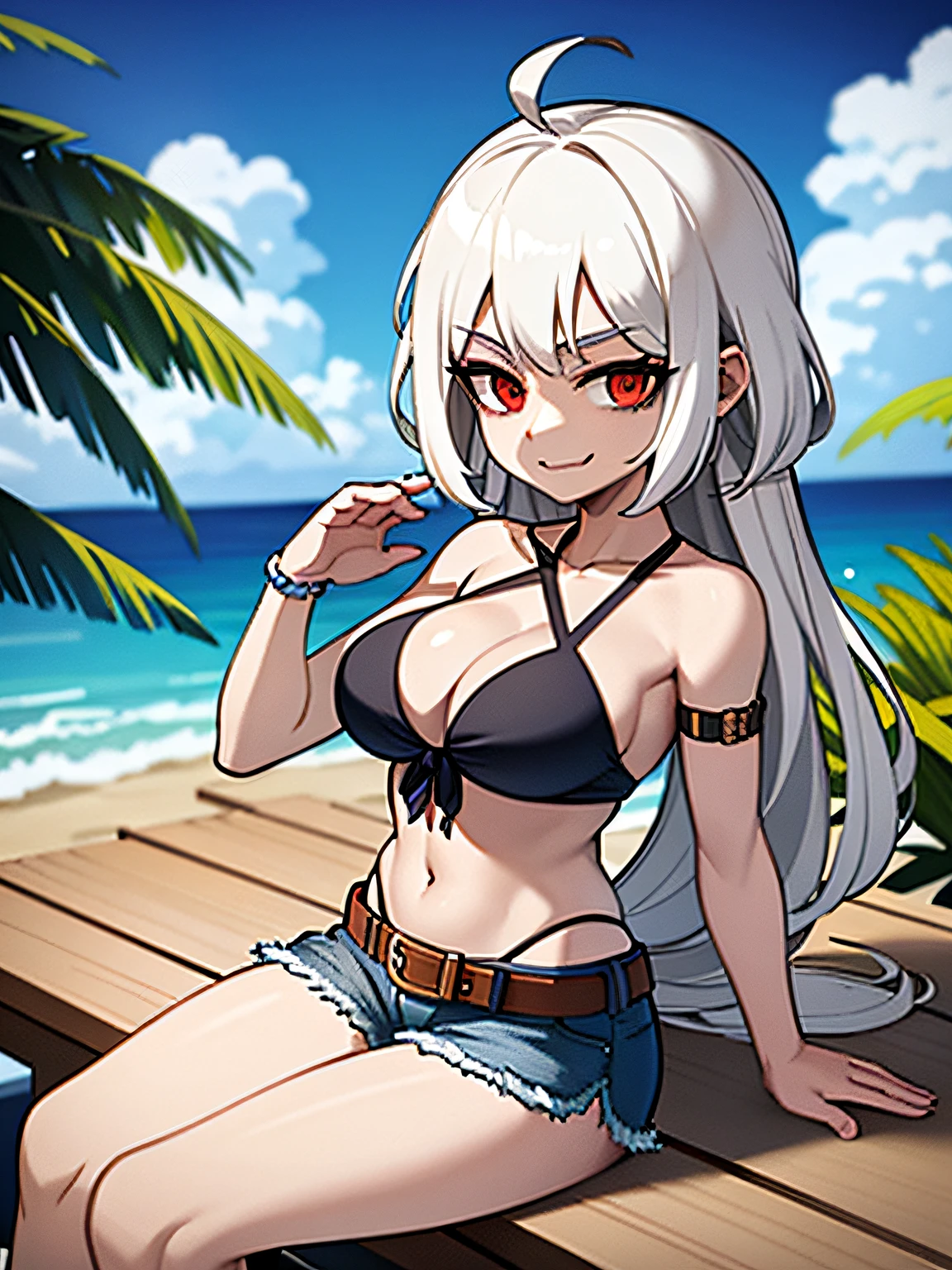 ((masterpiece, best quality)), (1girl), (solo), (female focus), (ahoge, white hair, short hair), black eyes, light smile, open mouth, ((white shirt), (buttoned shirt ), (Button gaps)), ((blackdress), (short skirt)), standing on your feet, White background, Behind your arms, dynamic angle,Shorts, Long hair, Bikini, swim wears, front-tie top, halter neck, Denim, Sitting, arm support, Denim shorts, Breasts, navel, Smile, view the viewer, front-tie bikini top, beach, criss-cross halter, Short shorts, Brown hair, Black bikini, cleavage, Medium breasts, water, Outdoors, kneesup, 鎖骨, stomach, Very long hair, cutoffs, Ocean, day, open fly, Bare shoulders, midriff, Red eyes, arm belt, Thighs, (:3:1.1)